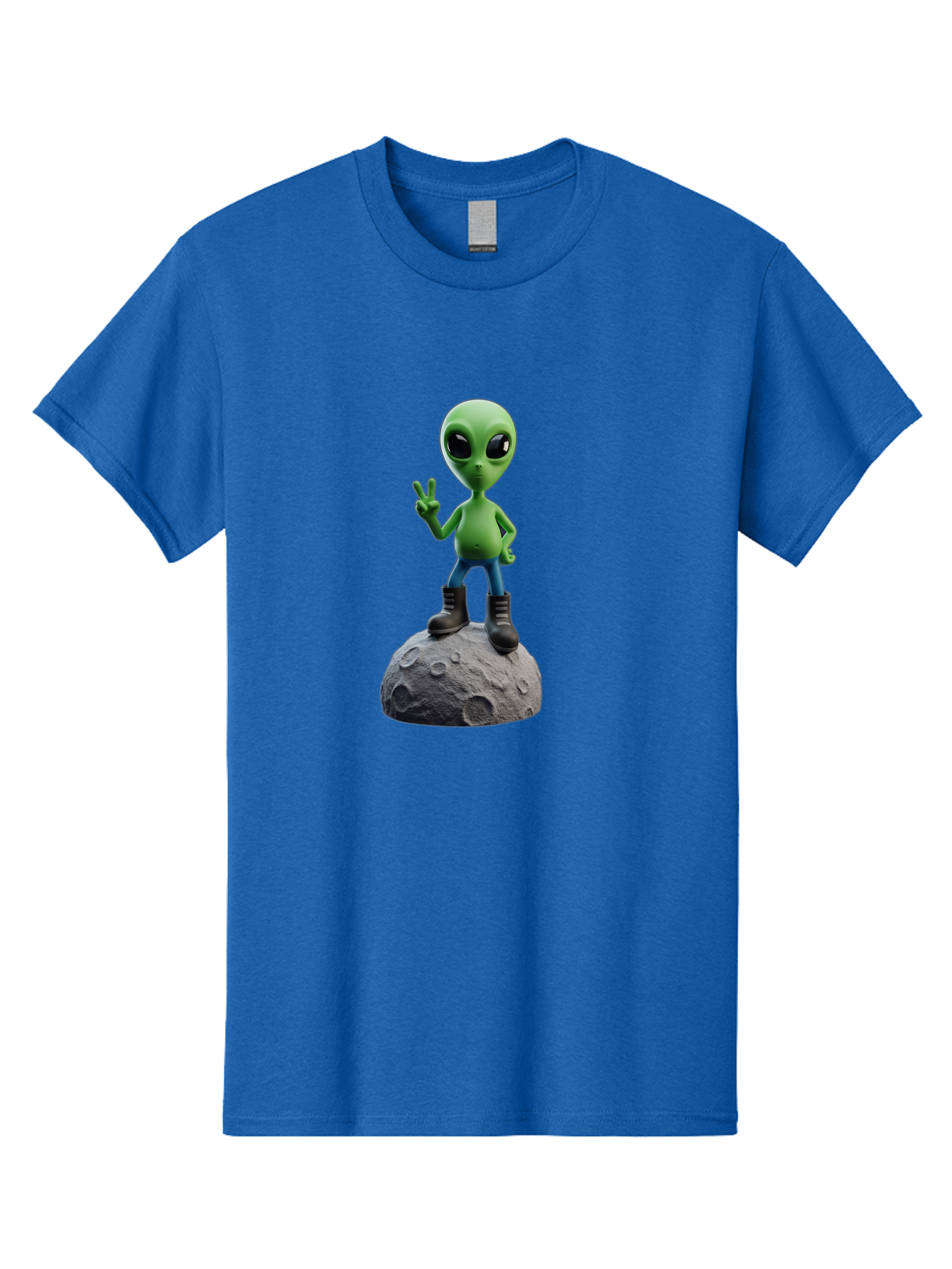 Alien-On-Moon Men'S Graphic Tee, 100% Cotton, Comfortable Casual Summer Wear, Machine Washable, 3D Cartoon Alien, Peace Sign, Moon Surface, Craters, Futuristic, Extraterrestrial Life, Space, Blue Jeans, Black Boots, Quirky, Fun, Playful, Bab628 12