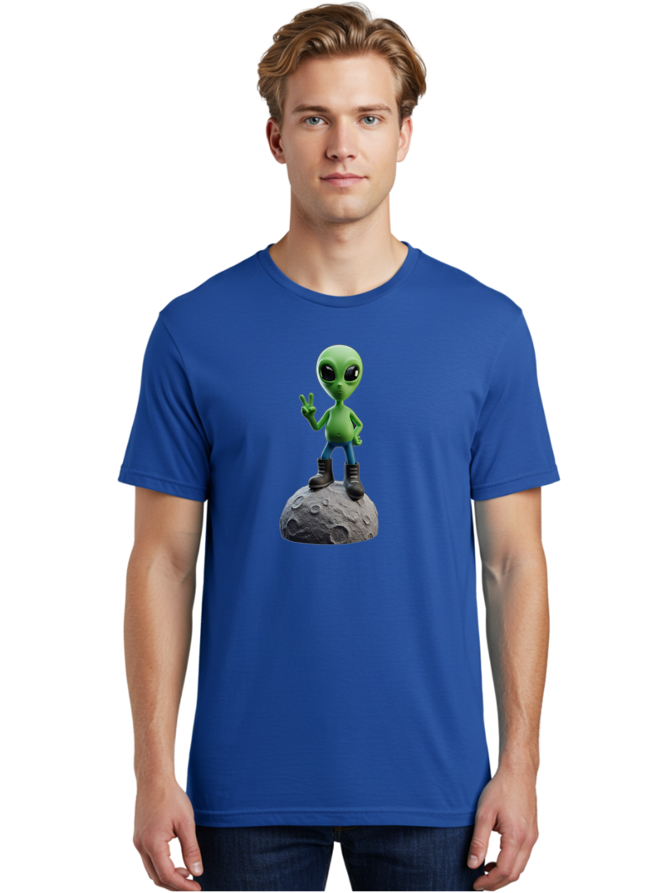 Alien-On-Moon Men'S Graphic Tee, 100% Cotton, Comfortable Casual Summer Wear, Machine Washable, 3D Cartoon Alien, Peace Sign, Moon Surface, Craters, Futuristic, Extraterrestrial Life, Space, Blue Jeans, Black Boots, Quirky, Fun, Playful, Bab628 27