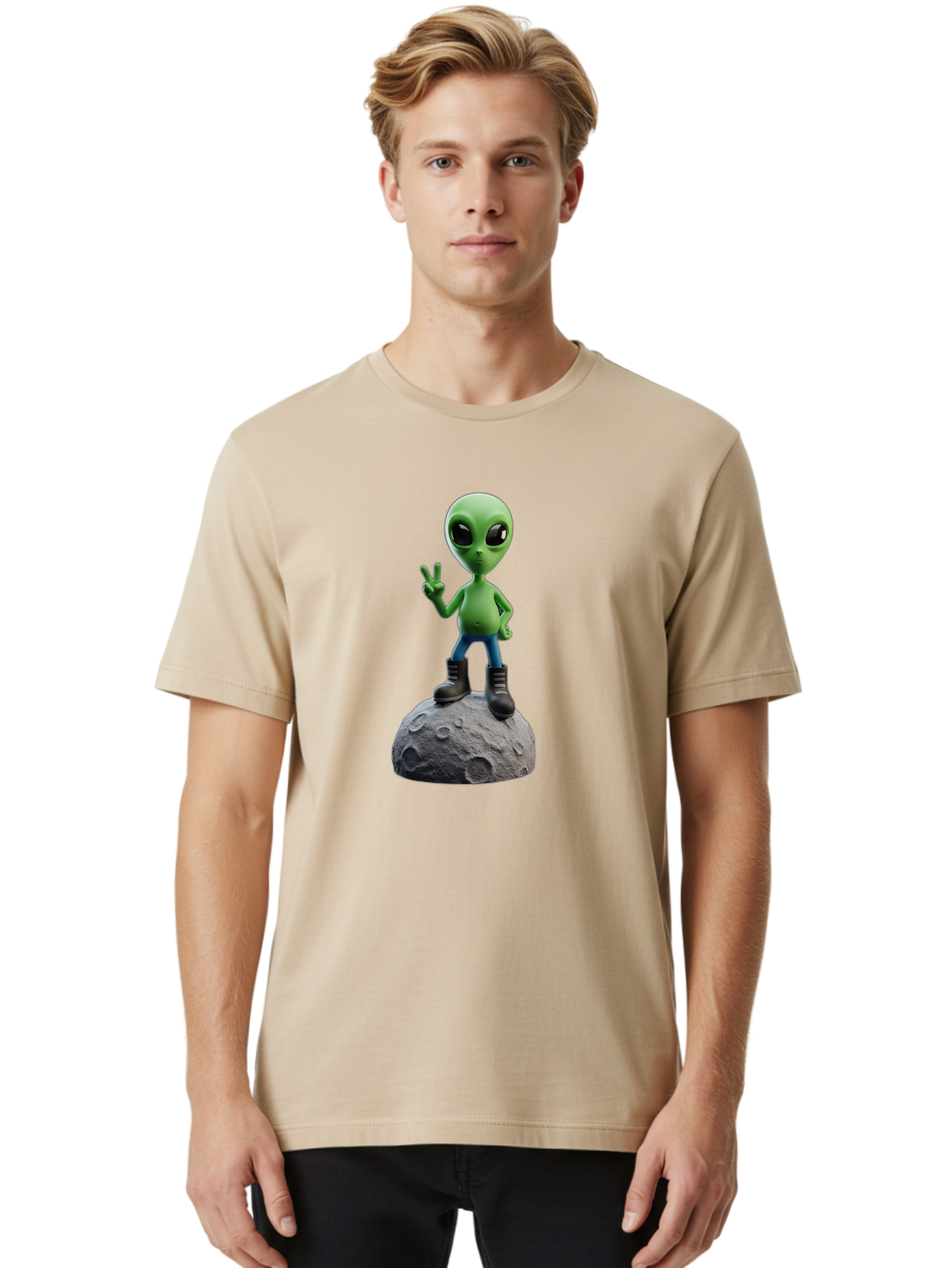 Alien-On-Moon Men'S Graphic Tee, 100% Cotton, Comfortable Casual Summer Wear, Machine Washable, 3D Cartoon Alien, Peace Sign, Moon Surface, Craters, Futuristic, Extraterrestrial Life, Space, Blue Jeans, Black Boots, Quirky, Fun, Playful, Bab628 18