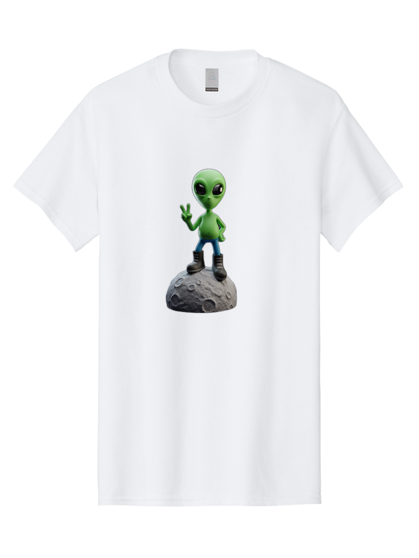 Alien-On-Moon Men'S Graphic Tee, 100% Cotton, Comfortable Casual Summer Wear, Machine Washable, 3D Cartoon Alien, Peace Sign, Moon Surface, Craters, Futuristic, Extraterrestrial Life, Space, Blue Jeans, Black Boots, Quirky, Fun, Playful, Bab628 2