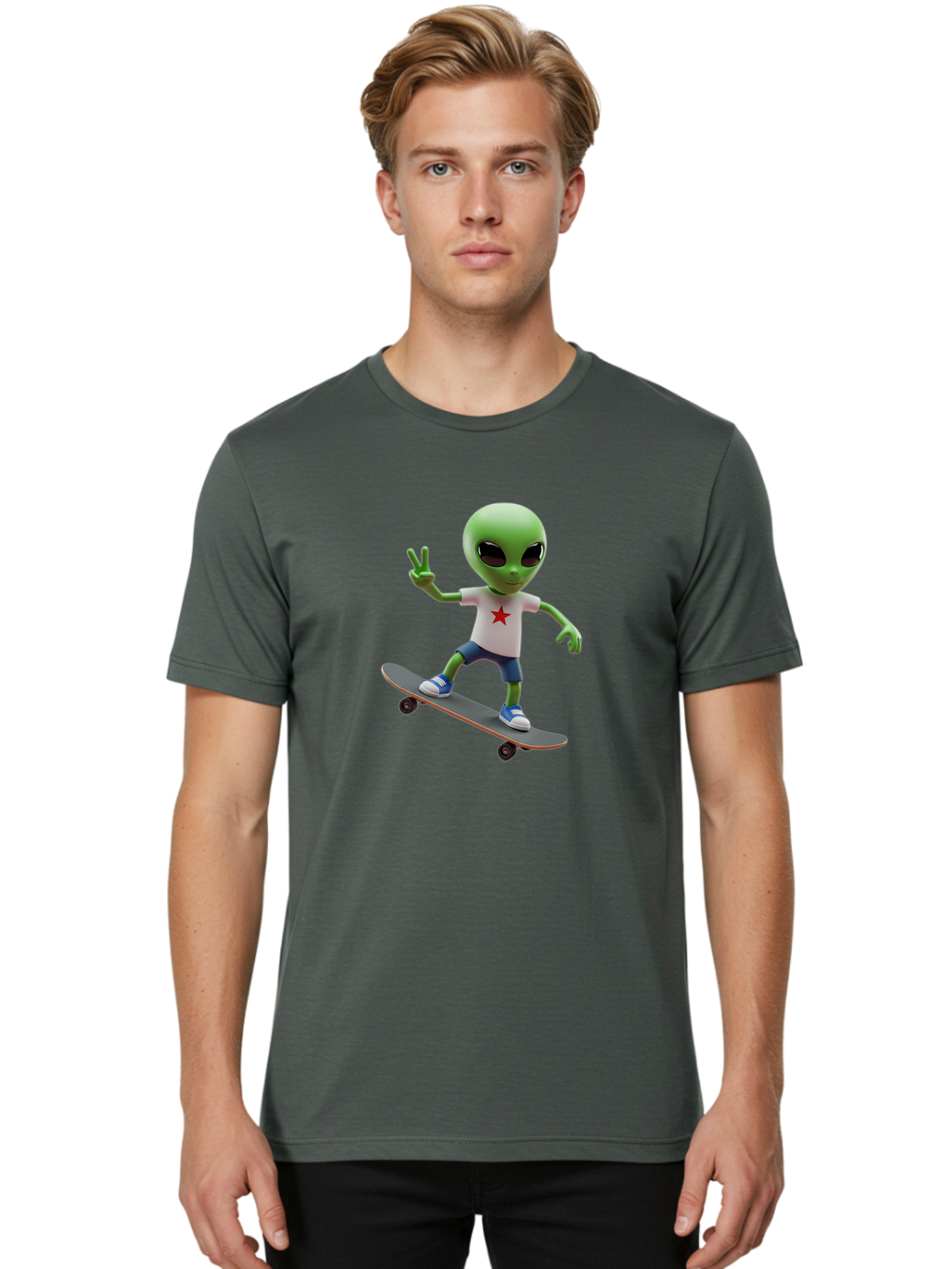 Alien-On-Skateboard Men'S Graphic Tee, 100% Cotton, Comfortable Casual Summer Wear, Machine Washable, Alien Skateboarder, Extraterrestrial On A Board, Funny Alien, 3D Cartoon Character, Skateboarding Alien, Peace Sign, Red Star Shirt, Bab629 20
