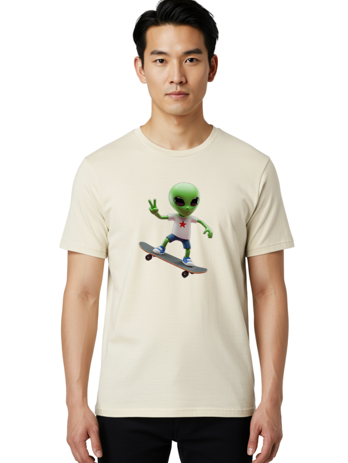 Alien-On-Skateboard Men'S Graphic Tee, 100% Cotton, Comfortable Casual Summer Wear, Machine Washable, Alien Skateboarder, Extraterrestrial On A Board, Funny Alien, 3D Cartoon Character, Skateboarding Alien, Peace Sign, Red Star Shirt, Bab629 21