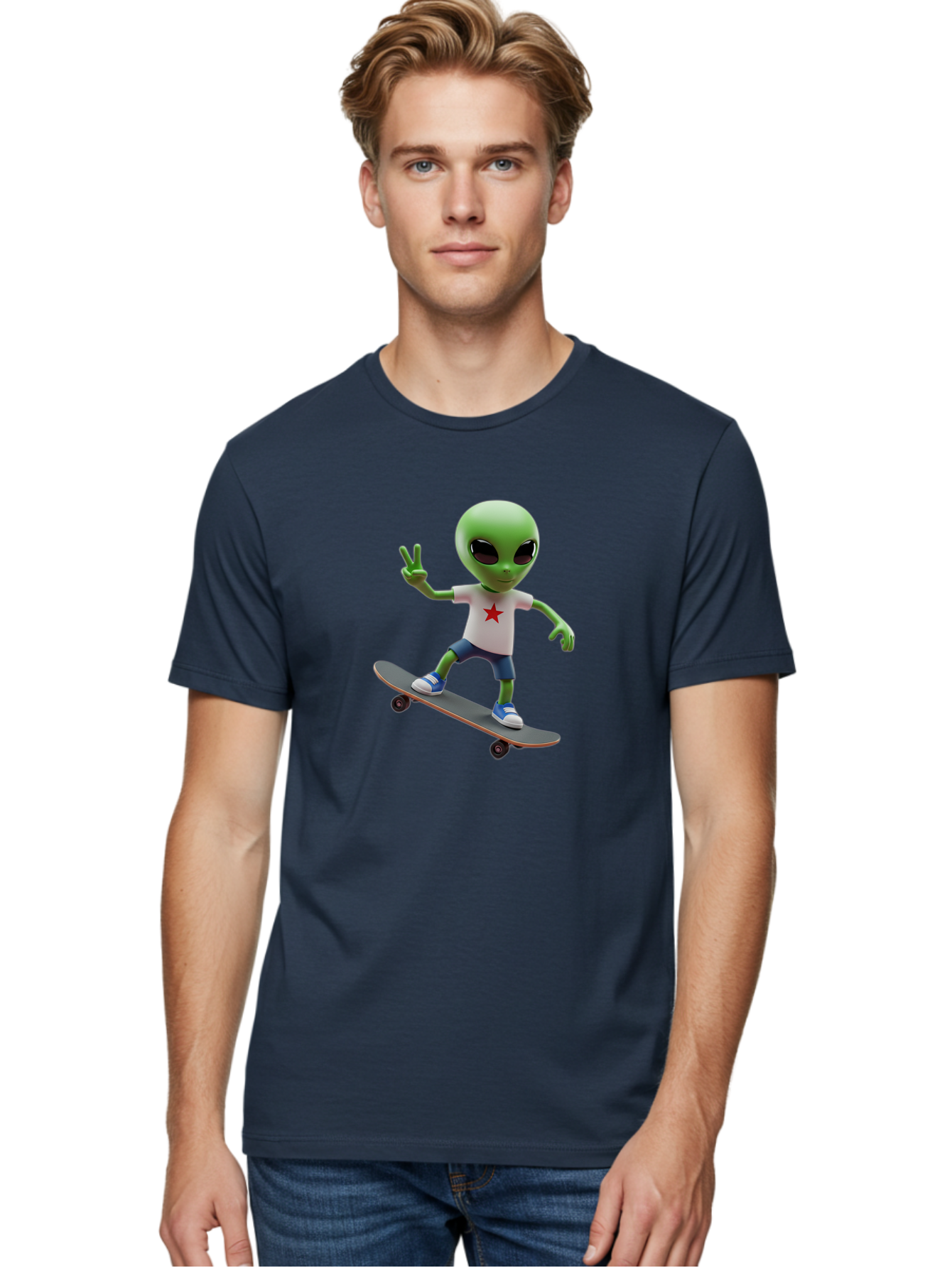 Alien-On-Skateboard Men'S Graphic Tee, 100% Cotton, Comfortable Casual Summer Wear, Machine Washable, Alien Skateboarder, Extraterrestrial On A Board, Funny Alien, 3D Cartoon Character, Skateboarding Alien, Peace Sign, Red Star Shirt, Bab629 25