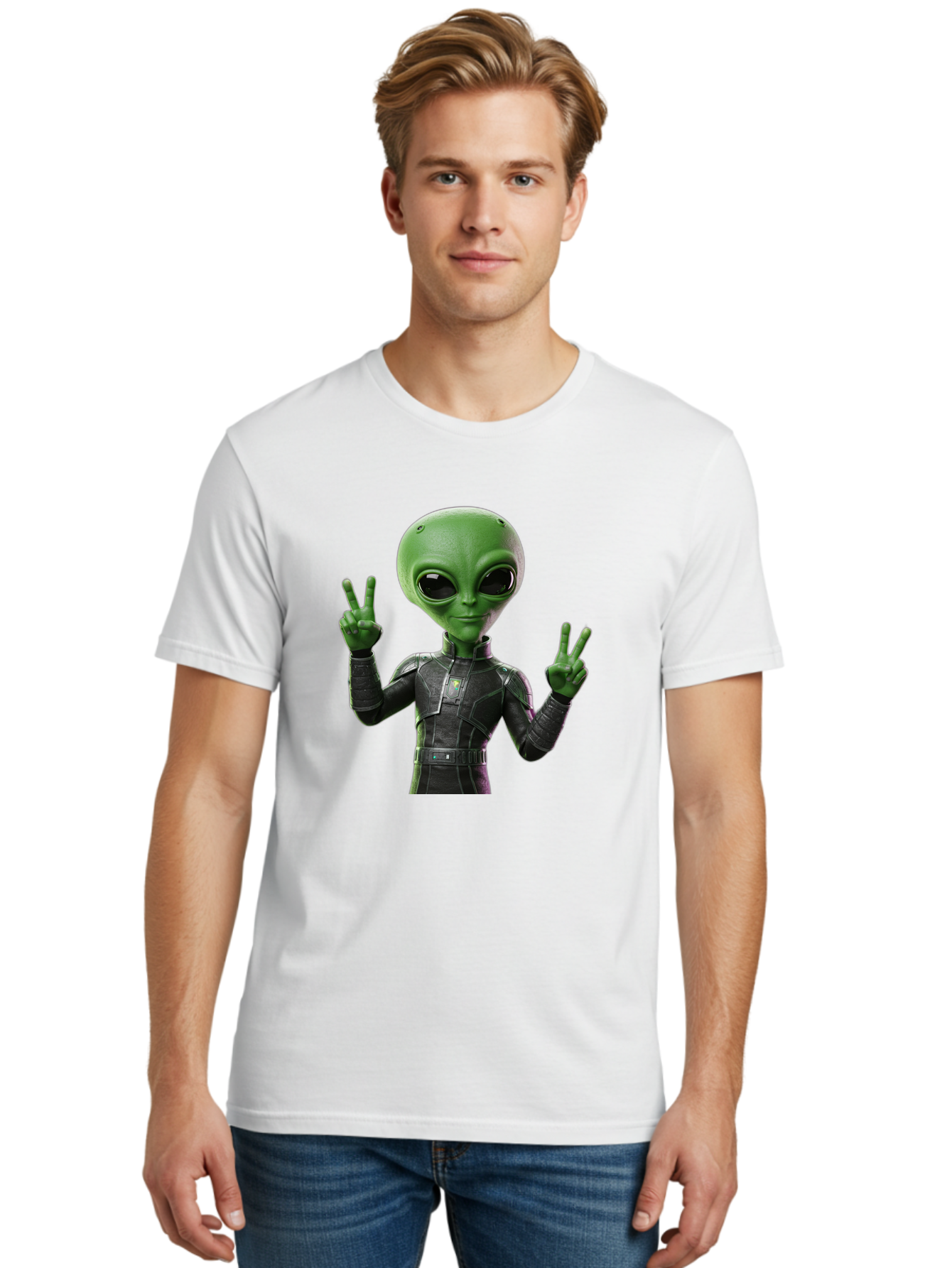 Alien-Peace-Sign-1 Men'S Graphic Tee, 100% Cotton, Comfortable Casual Summer Wear, Machine Washable, Alien Character, Peace Sign Gesture, Extraterrestrial Being, Futuristic Attire, Sci-Fi Design, Friendly Demeanor, Funny Face, V Sign, Bab630 17