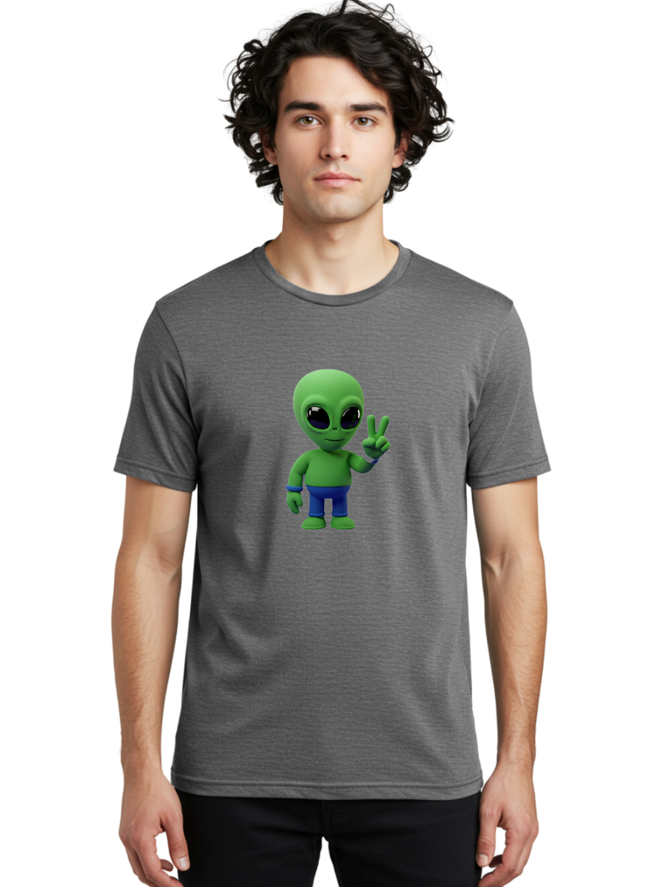 Alien-Peace-Sign-3 Men'S Graphic Tee, 100% Cotton, Comfortable Casual Summer Wear, Machine Washable, Cartoon Alien, Peace Sign, Blue Pants, Blue Bracelet, Friendly Gesture, 3D Character, Space Creature, Fun Design, Playful Pose, Kawaii Style Bab632 19