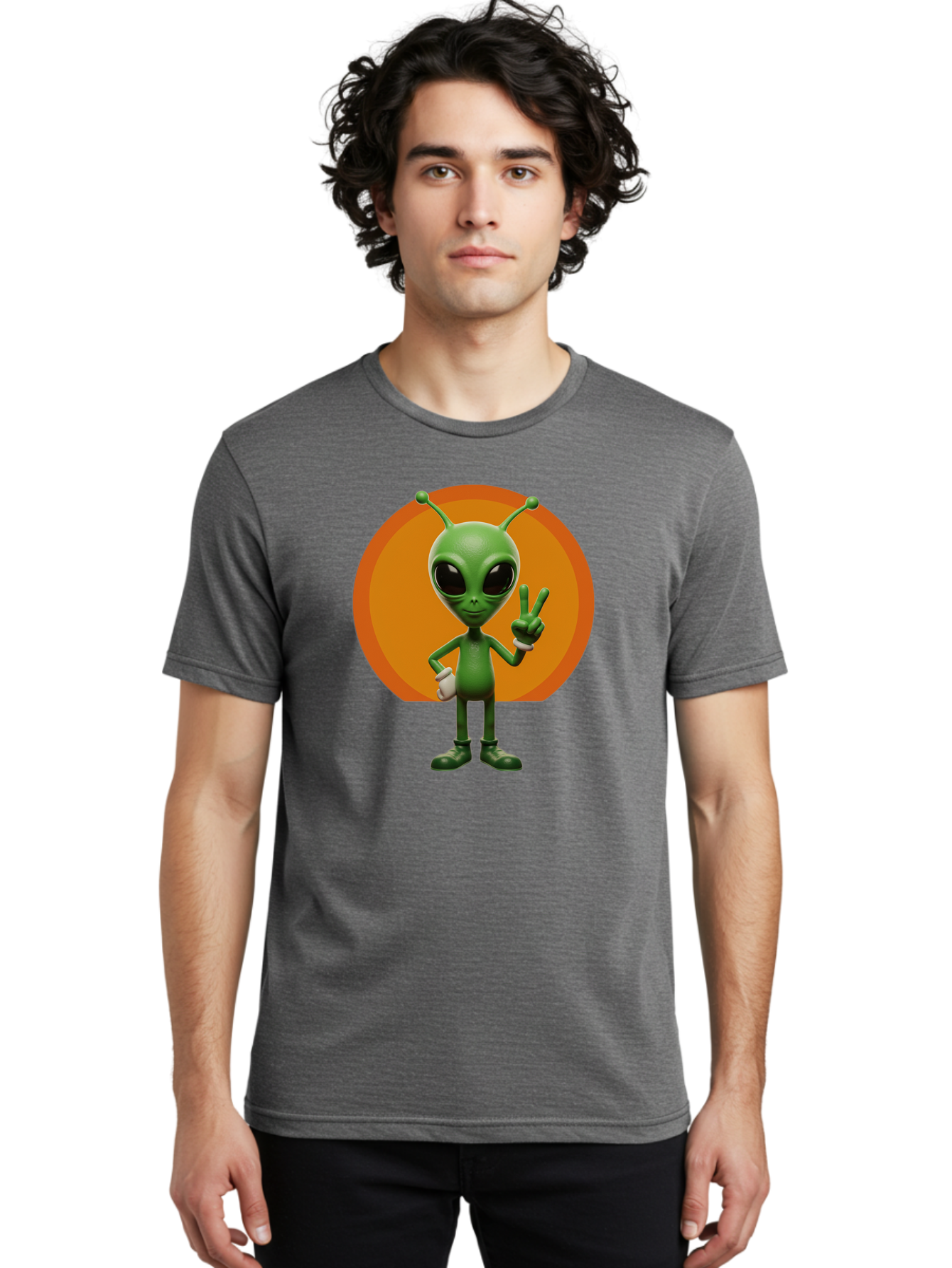 Alien-Peace-Sign Men'S Graphic Tee, 100% Cotton, Comfortable Casual Summer Wear, Machine Washable, Alien Character, Peace Sign, Green Alien, Cartoon Style, Friendly Gesture, Large Eyes, Antennae, Fun Illustration, Cosmic Being Bab633 26