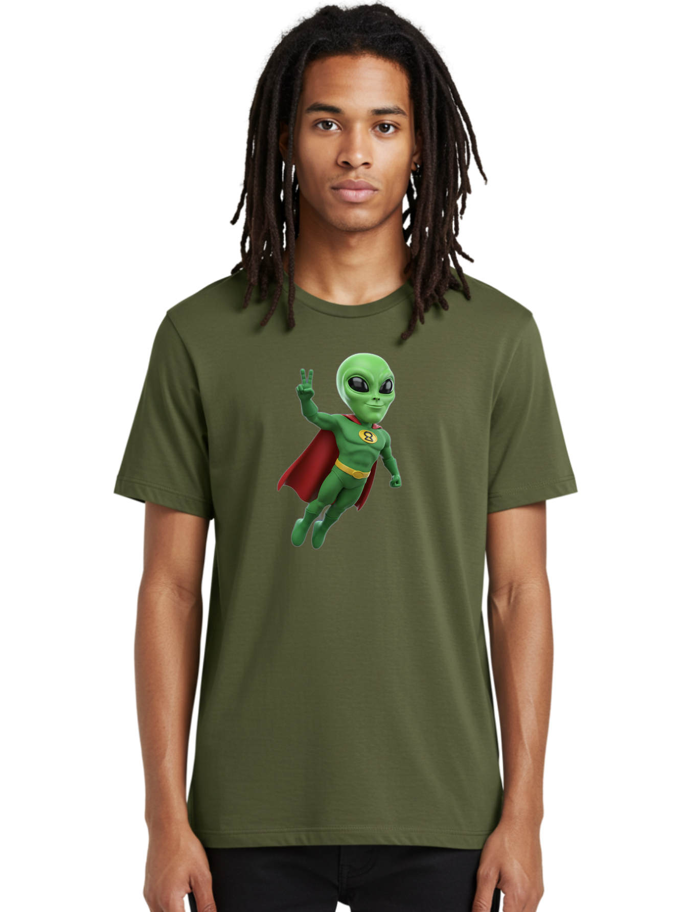 Alien-Superhero Men'S Graphic Tee, 100% Cotton, Comfortable Casual Summer Wear, Machine Washable, Cartoon Alien, Superhero Costume, Red Cape, Yellow Belt, Peace Sign, Green Alien, Superhero Emblem, Cartoon Character, 3D Illustration, Bab634 27