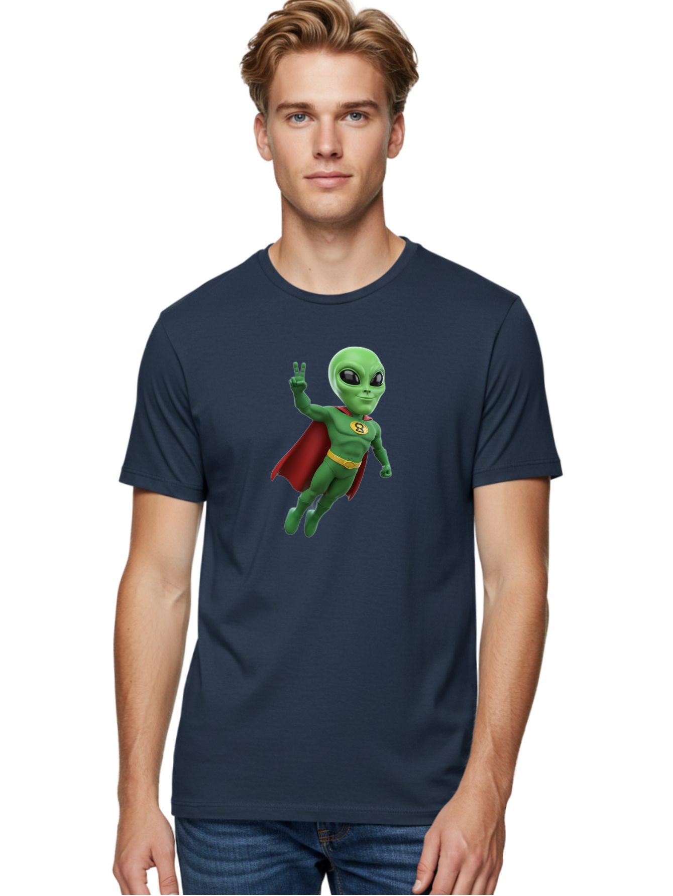 Alien-Superhero Men'S Graphic Tee, 100% Cotton, Comfortable Casual Summer Wear, Machine Washable, Cartoon Alien, Superhero Costume, Red Cape, Yellow Belt, Peace Sign, Green Alien, Superhero Emblem, Cartoon Character, 3D Illustration, Bab634 26