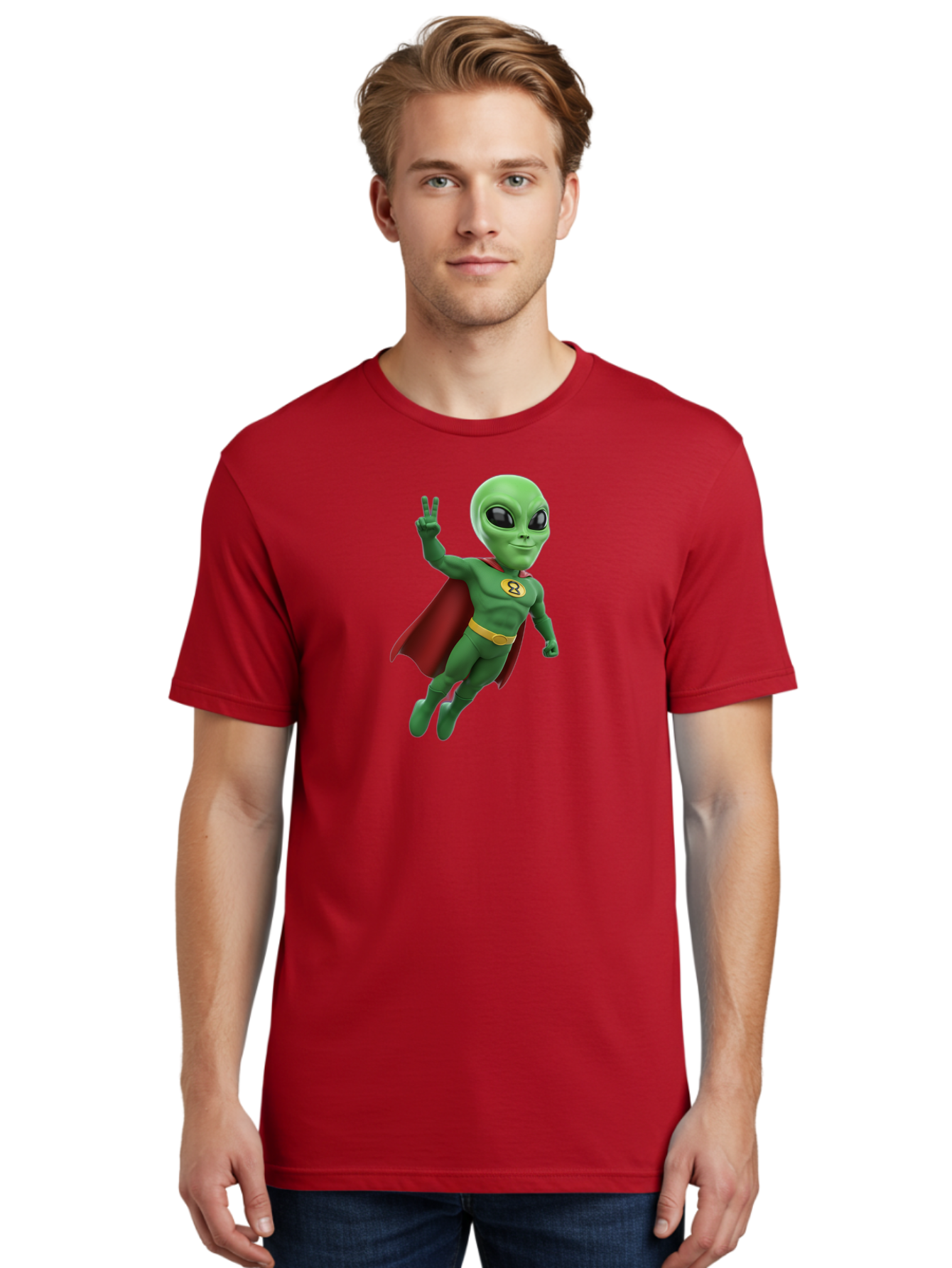 Alien-Superhero Men'S Graphic Tee, 100% Cotton, Comfortable Casual Summer Wear, Machine Washable, Cartoon Alien, Superhero Costume, Red Cape, Yellow Belt, Peace Sign, Green Alien, Superhero Emblem, Cartoon Character, 3D Illustration, Bab634 30