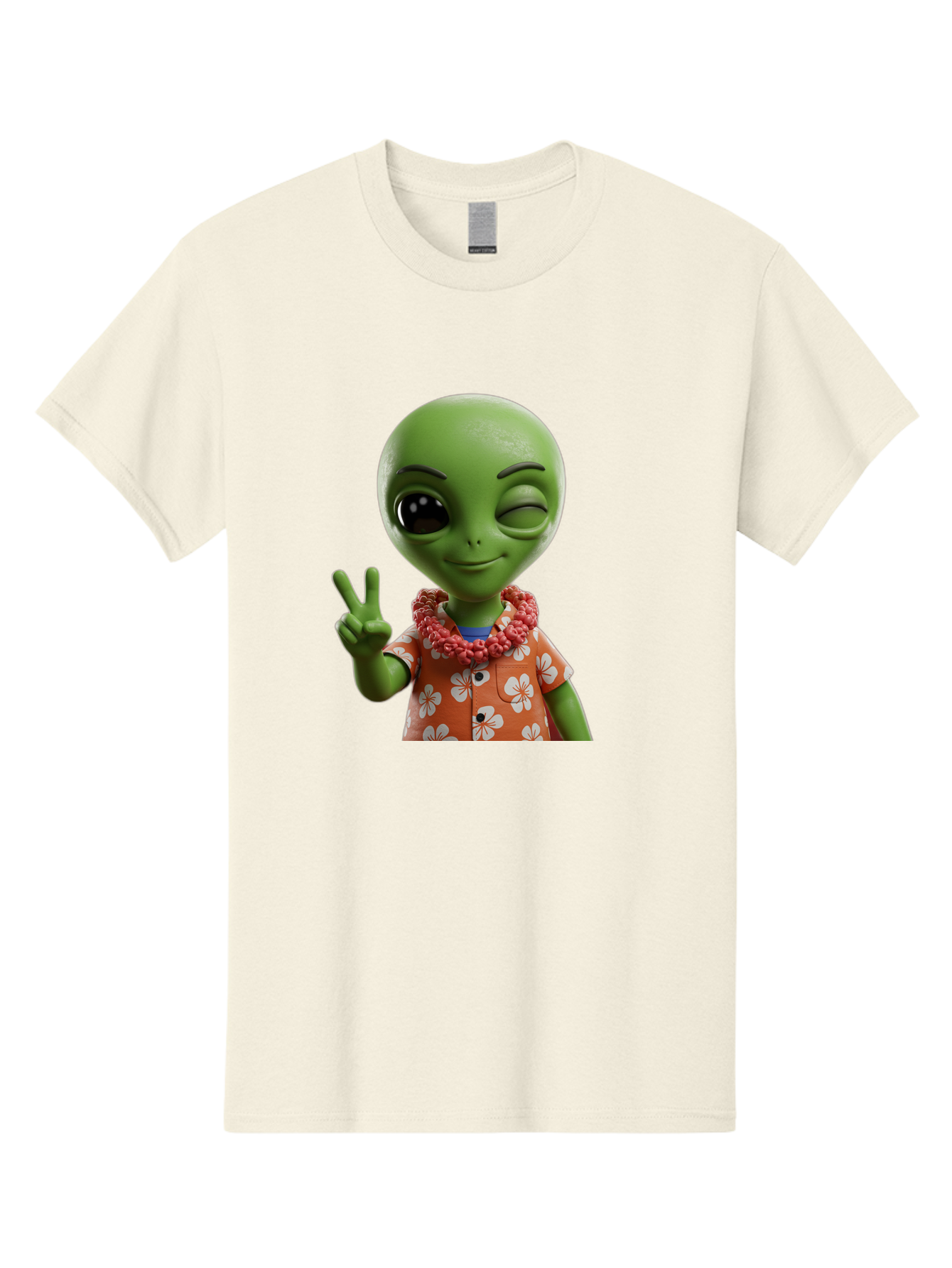 Alien Men'S Graphic Tee, 100% Cotton, Comfortable Casual Summer Wear, Machine Washable, Cartoon Alien, Peace Sign, Hawaiian Shirt, Floral Pattern, Relaxed Vibe, Friendly Demeanor, Extraterrestrial Fun, Playful Gesture, Tropical Feel, Bab636 5