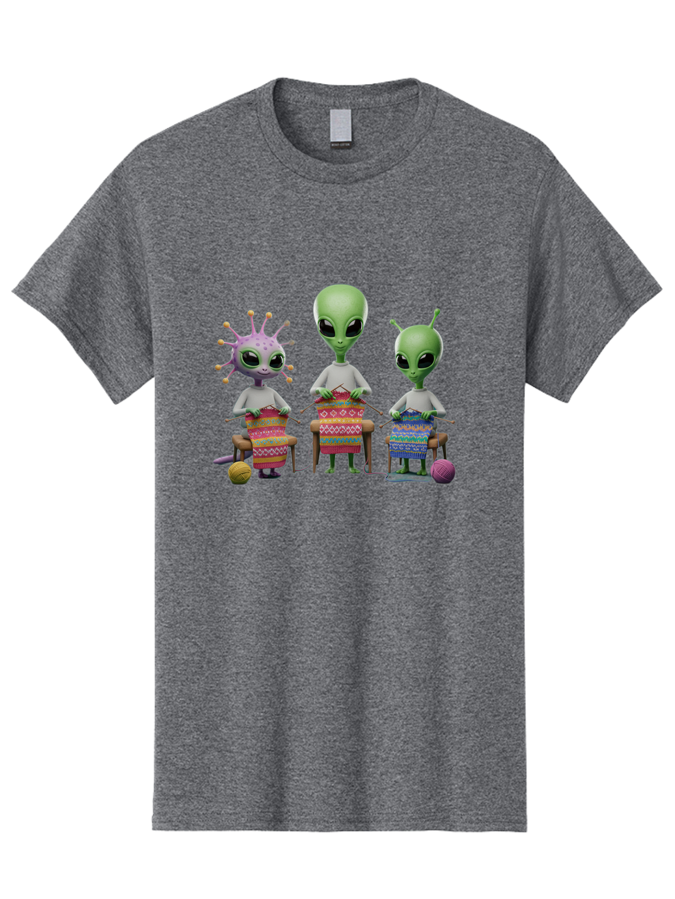 Aliens-Knitting Men'S Graphic Tee, 100% Cotton, Comfortable Casual Summer Wear, Machine Washable, Cartoon Aliens, Knitting Patterns, Colorful Yarn, Creative Creatures, Extraterrestrial Hobby, Playful Illustration, Knitting Needles, Bab638 12