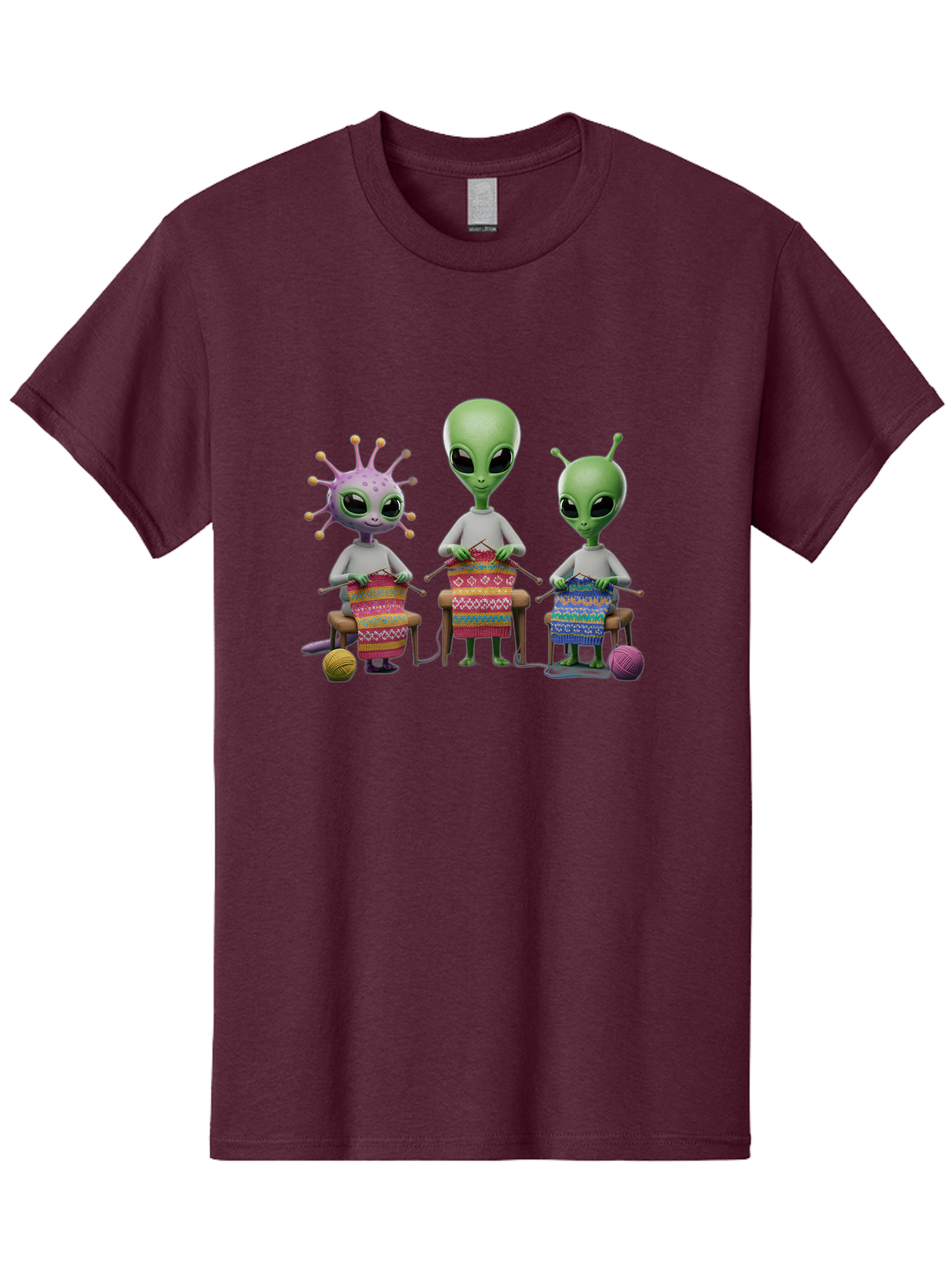 Aliens-Knitting Men'S Graphic Tee, 100% Cotton, Comfortable Casual Summer Wear, Machine Washable, Cartoon Aliens, Knitting Patterns, Colorful Yarn, Creative Creatures, Extraterrestrial Hobby, Playful Illustration, Knitting Needles, Bab638 10