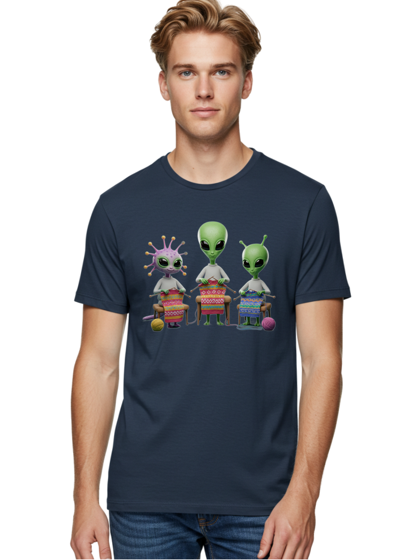 Aliens-Knitting Men'S Graphic Tee, 100% Cotton, Comfortable Casual Summer Wear, Machine Washable, Cartoon Aliens, Knitting Patterns, Colorful Yarn, Creative Creatures, Extraterrestrial Hobby, Playful Illustration, Knitting Needles, Bab638 20