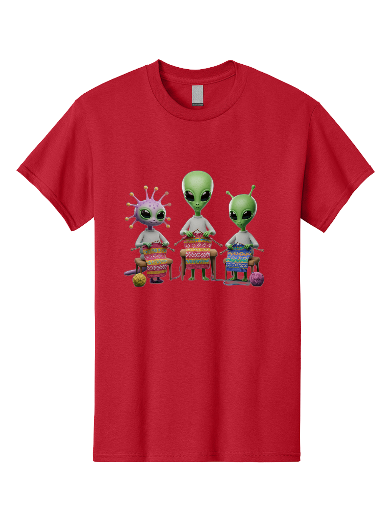 Aliens-Knitting Men'S Graphic Tee, 100% Cotton, Comfortable Casual Summer Wear, Machine Washable, Cartoon Aliens, Knitting Patterns, Colorful Yarn, Creative Creatures, Extraterrestrial Hobby, Playful Illustration, Knitting Needles, Bab638 13