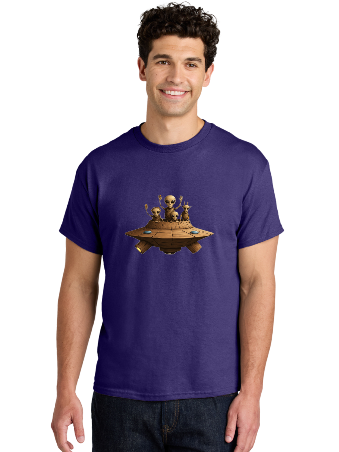Aliens-On-Ufo-2 Men'S Graphic Tee, 100% Cotton, Comfortable Casual Summer Wear, Machine Washable, Aliens On Spaceship, Ufo Sighting, Extraterrestrial Life, Alien Family, Flying Saucer, Cartoon Style, Humorous Alien Encounter, Sci-Fi Humor, Bab640 20
