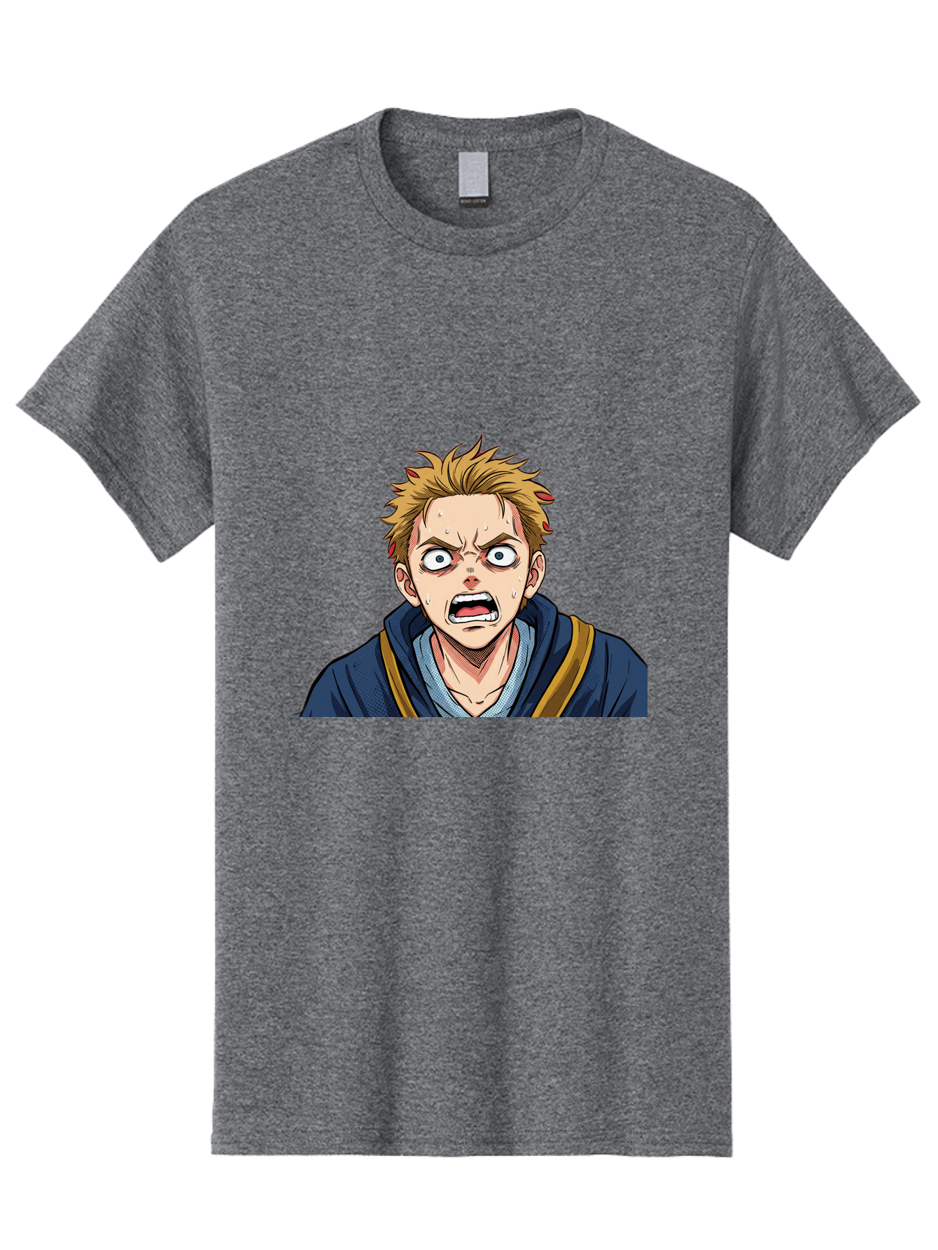 Angry-Anime-Boy Men'S Graphic Tee, 100% Cotton, Comfortable Casual Summer Wear, Machine Washable, Cartoon Character, Young Man, Blond Hair, Blue Hoodie, Shocked Expression, Wide-Eyed, Open-Mouthed, Intense Emotion, Dynamic Pose, Bab644 2