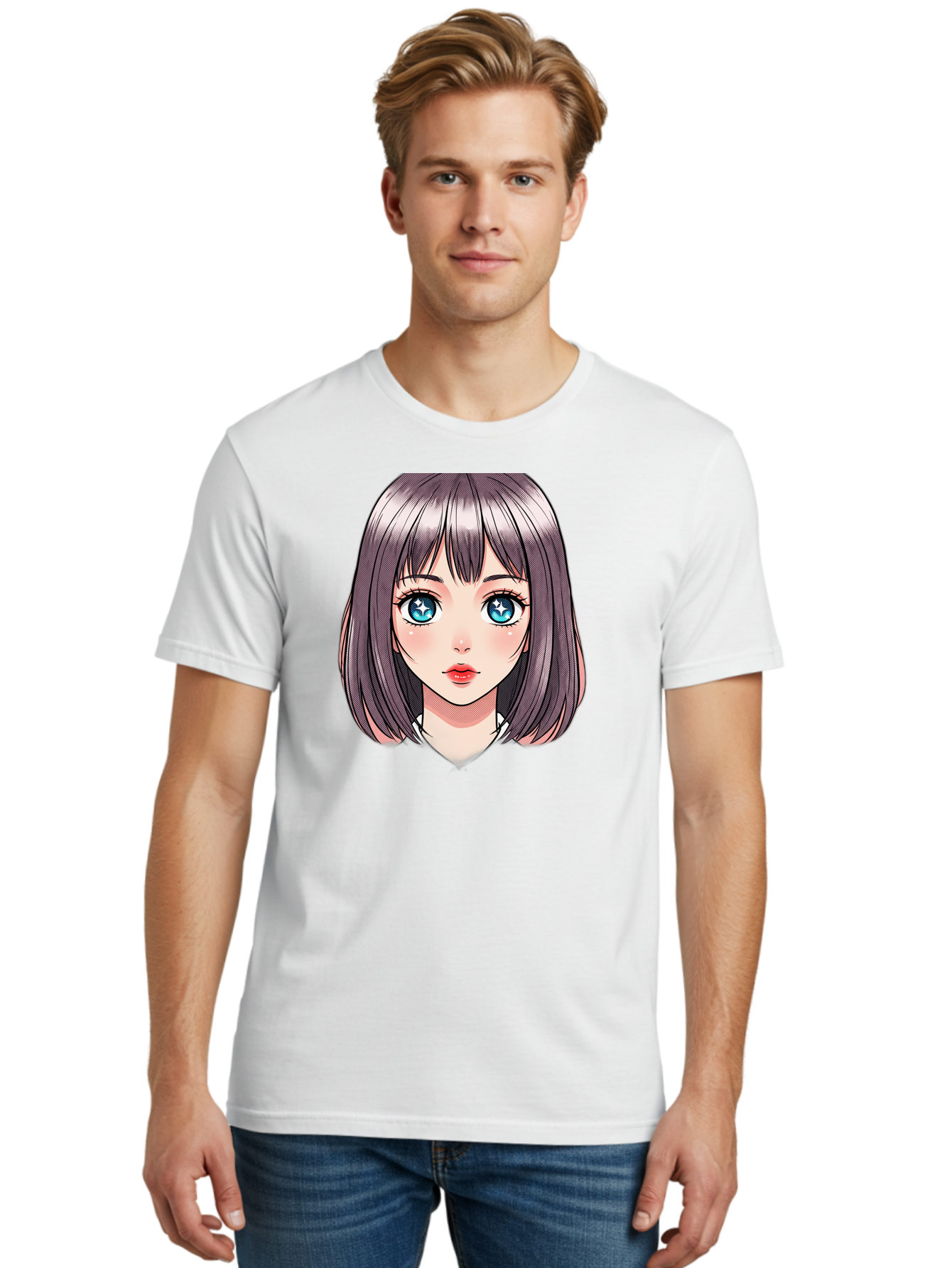 Anime-Girl Men'S Graphic Tee, 100% Cotton, Comfortable Casual Summer Wear, Machine Washable, Anime Girl, Manga Style, Blue Eyes, Short Hair, Bangs, Cartoon Character, Vibrant Colors, Kawaii Art, Digital Illustration, Young Female Character, Bab648 16