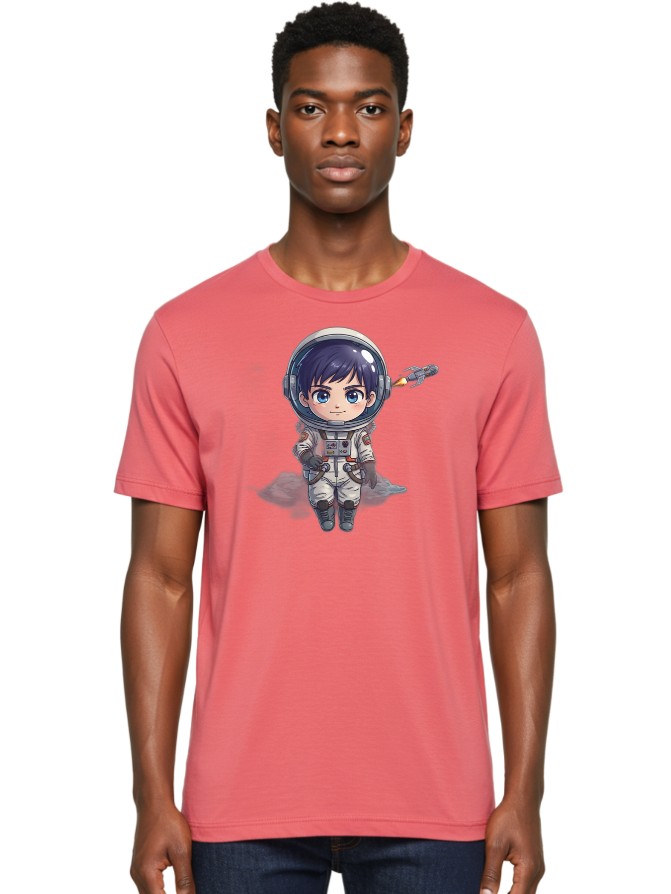 Astronaut-Boy Men'S Graphic Tee, 100% Cotton, Comfortable Casual Summer Wear, Machine Washable, Cartoon Astronaut, Chibi Character, Space Suit, Helmet, Blue Eyes, Dark Hair, Rocket Pack, Adventure, Cartoon Style, Kawaii Art, Futuristic, Bab649 22