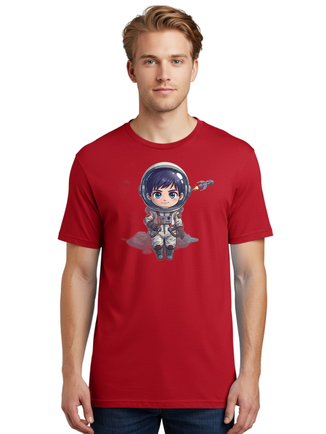 Astronaut-Boy Men'S Graphic Tee, 100% Cotton, Comfortable Casual Summer Wear, Machine Washable, Cartoon Astronaut, Chibi Character, Space Suit, Helmet, Blue Eyes, Dark Hair, Rocket Pack, Adventure, Cartoon Style, Kawaii Art, Futuristic, Bab649 21