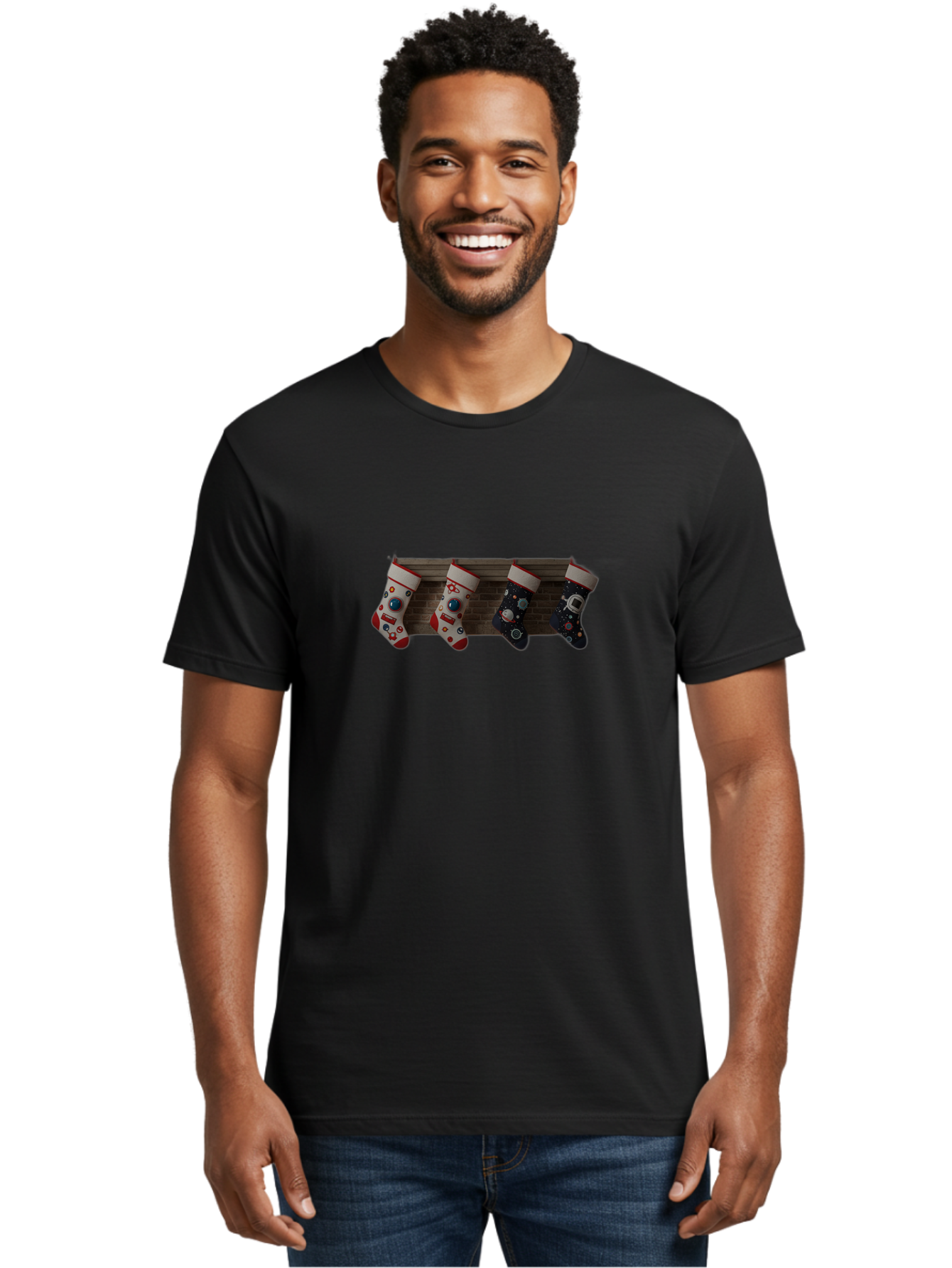 Astronaut-Christmas-Stockings Men'S Graphic Tee, 100% Cotton, Comfortable Casual Summer Wear, Machine Washable, Christmas Stockings, Holiday Decor, Festive Socks, Holiday Cheer, Wall Decoration, Brick Wall, Christmas Celebration, Bab650 28