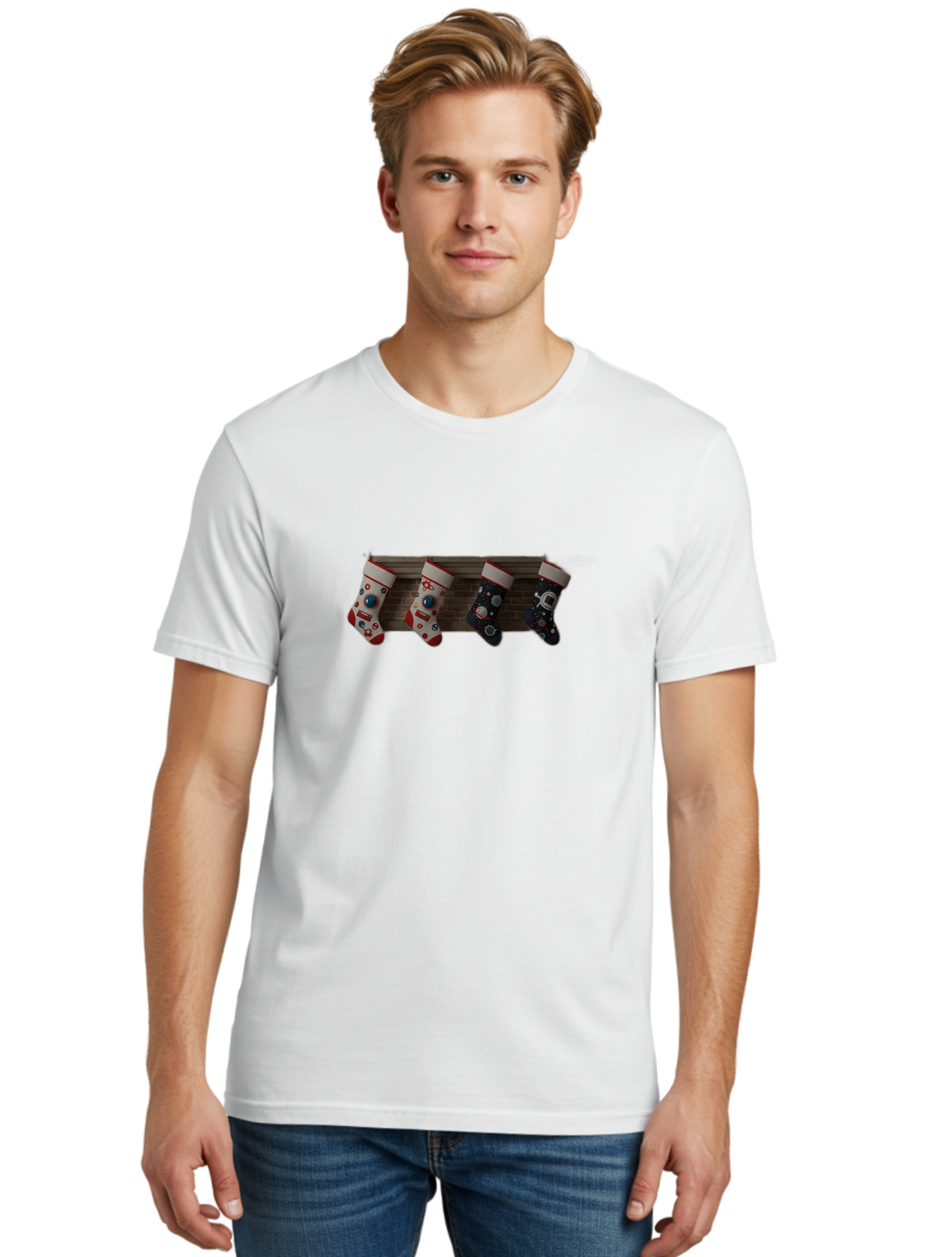 Astronaut-Christmas-Stockings Men'S Graphic Tee, 100% Cotton, Comfortable Casual Summer Wear, Machine Washable, Christmas Stockings, Holiday Decor, Festive Socks, Holiday Cheer, Wall Decoration, Brick Wall, Christmas Celebration, Bab650 18