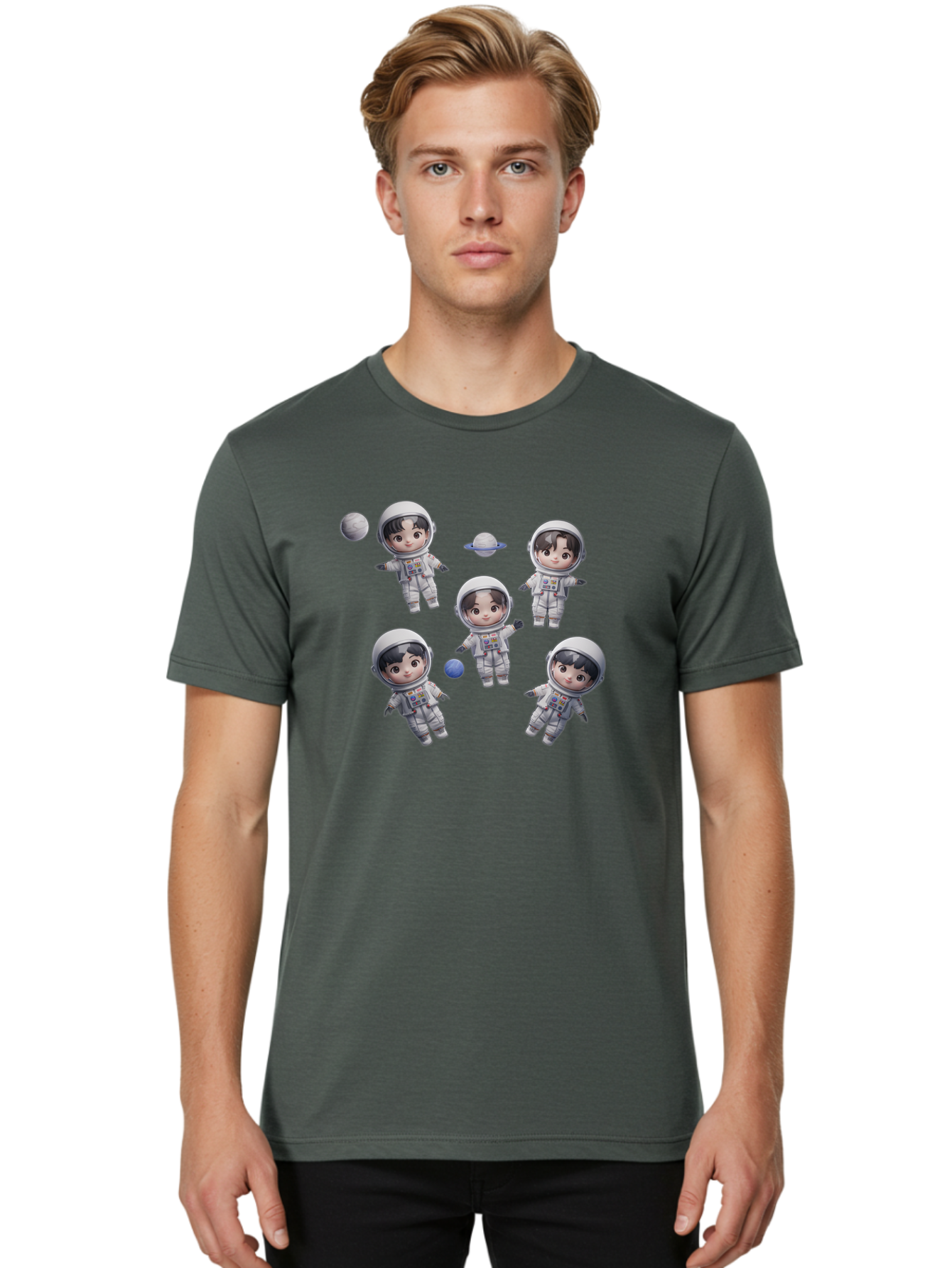 Astronauts-And-Planets Men'S Graphic Tee, 100% Cotton, Comfortable Casual Summer Wear, Machine Washable, Cartoon Astronauts, Children In Space Suits, Space Exploration, Planetary Bodies, Kawaii Art, Celestial Adventure, Animated Characters, Bab654 24