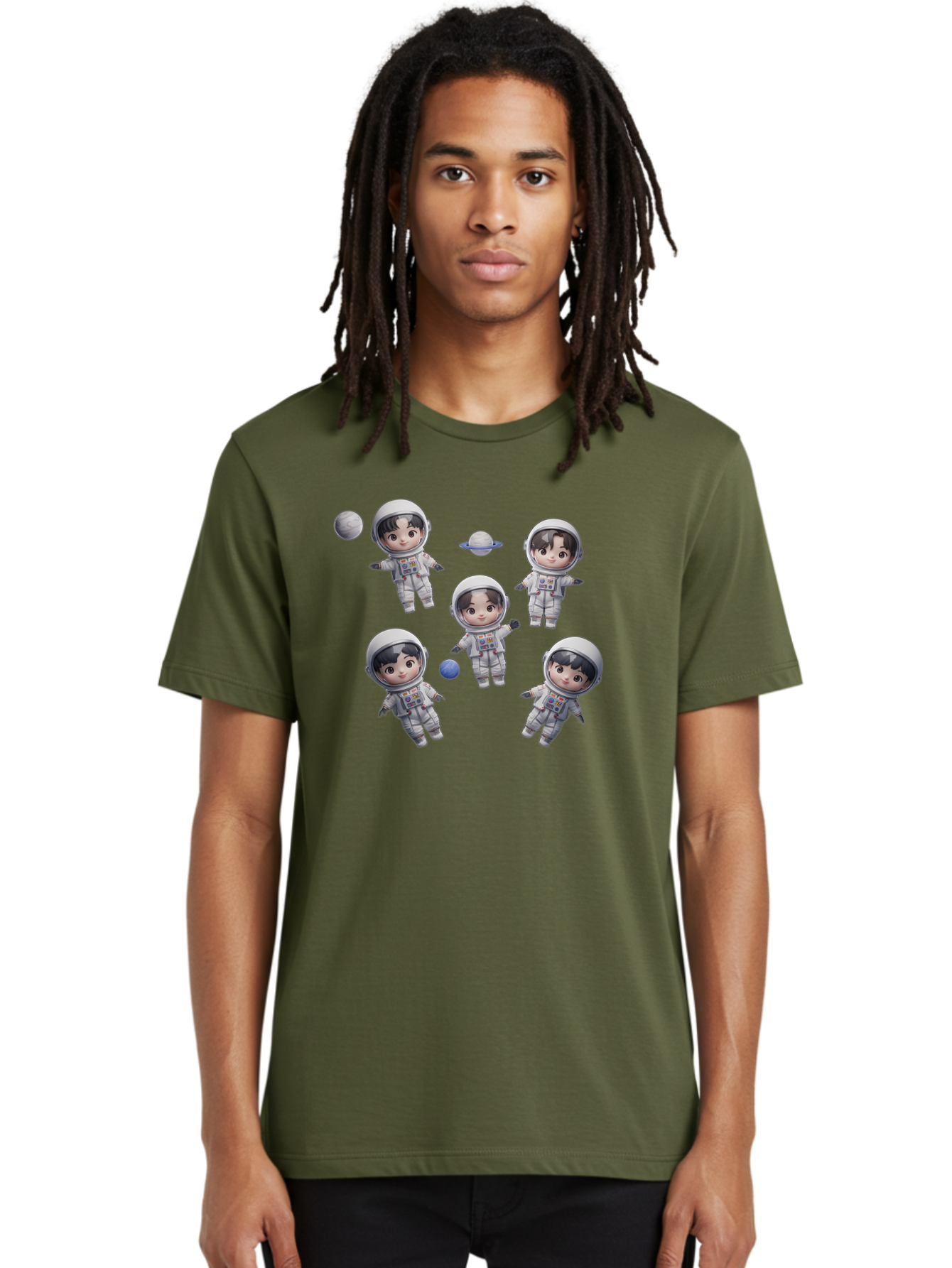 Astronauts-And-Planets Men'S Graphic Tee, 100% Cotton, Comfortable Casual Summer Wear, Machine Washable, Cartoon Astronauts, Children In Space Suits, Space Exploration, Planetary Bodies, Kawaii Art, Celestial Adventure, Animated Characters, Bab654 30