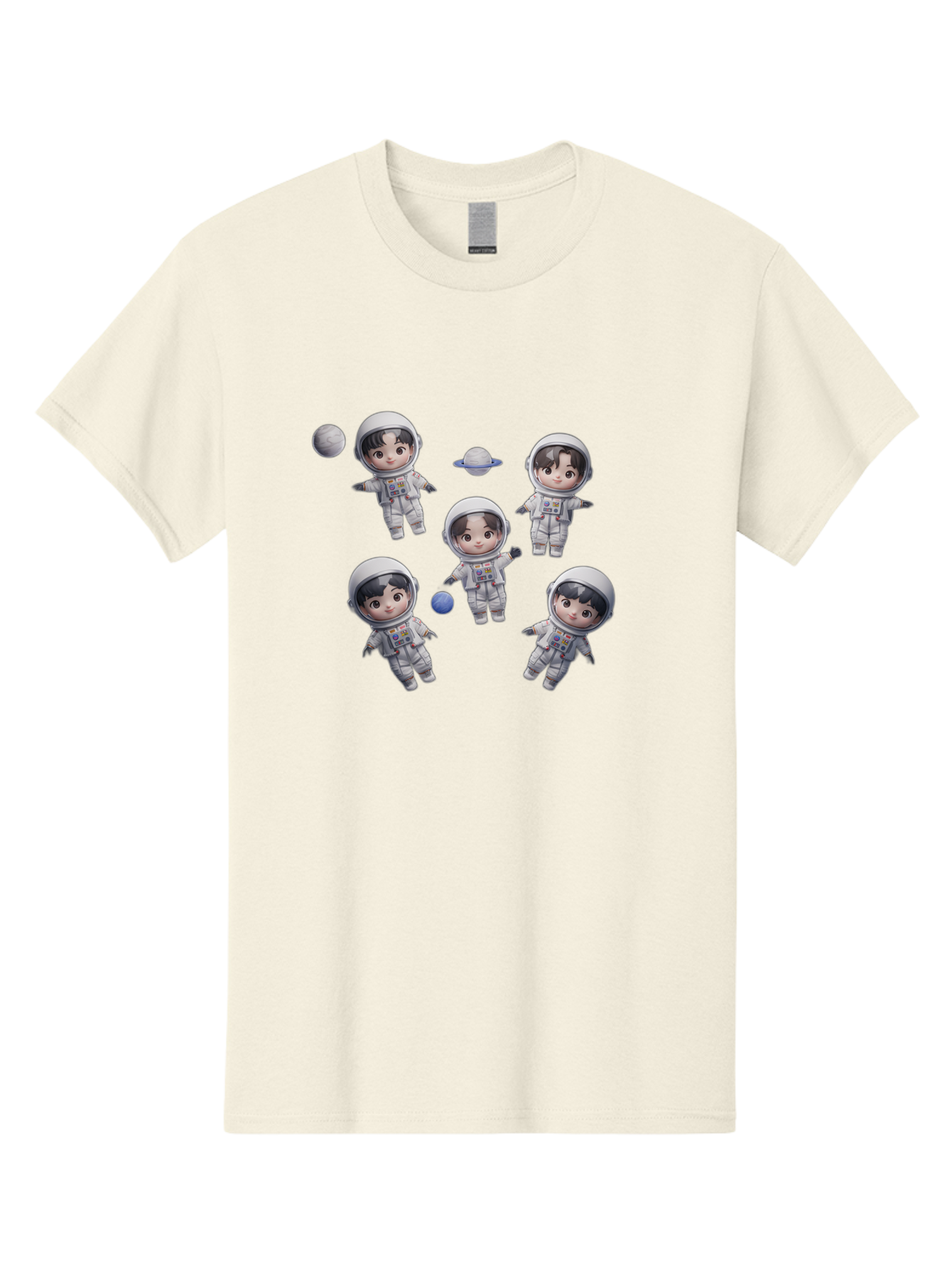 Astronauts-And-Planets Men'S Graphic Tee, 100% Cotton, Comfortable Casual Summer Wear, Machine Washable, Cartoon Astronauts, Children In Space Suits, Space Exploration, Planetary Bodies, Kawaii Art, Celestial Adventure, Animated Characters, Bab654 13