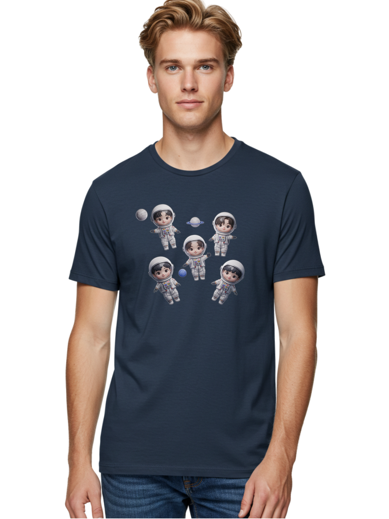 Astronauts-And-Planets Men'S Graphic Tee, 100% Cotton, Comfortable Casual Summer Wear, Machine Washable, Cartoon Astronauts, Children In Space Suits, Space Exploration, Planetary Bodies, Kawaii Art, Celestial Adventure, Animated Characters, Bab654 18