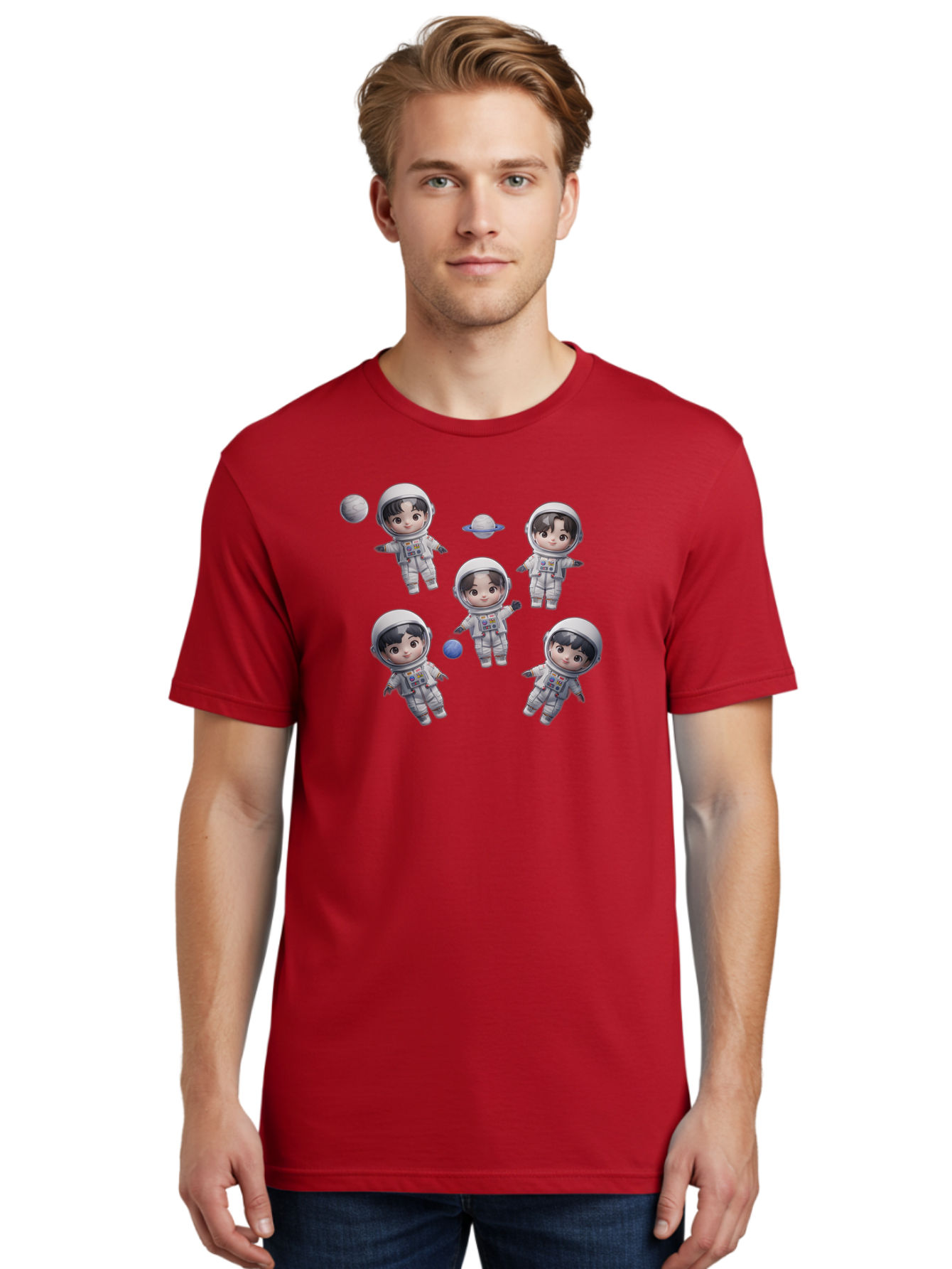 Astronauts-And-Planets Men'S Graphic Tee, 100% Cotton, Comfortable Casual Summer Wear, Machine Washable, Cartoon Astronauts, Children In Space Suits, Space Exploration, Planetary Bodies, Kawaii Art, Celestial Adventure, Animated Characters, Bab654 22