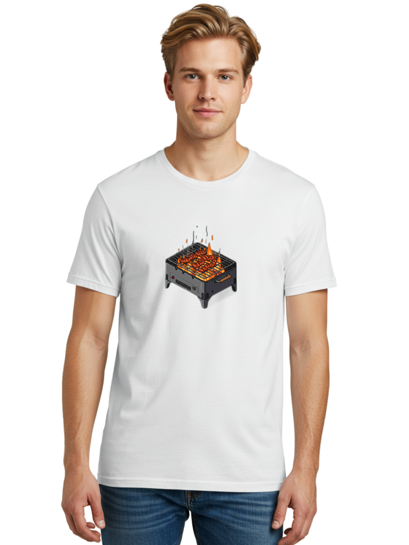 Barbecue-Grill-1 Men'S Graphic Tee, 100% Cotton, Comfortable Casual Summer Wear, Machine Washable, Barbecue Grill, Grilled Meat, Skewers, Flames, Outdoor Cooking, Delicious Food, Savory Dishes, Appetizing Meal, Grilled Vegetables, Bab655 29