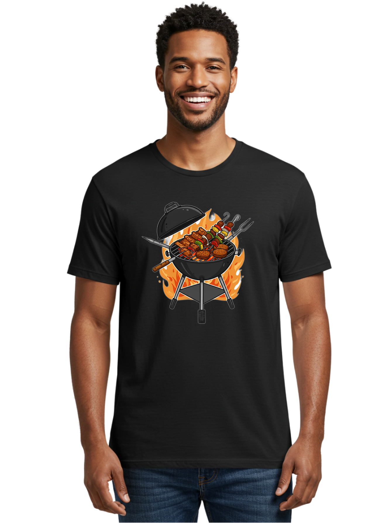 Barbecue-Grill-3 Men'S Graphic Tee, 100% Cotton, Comfortable Casual Summer Wear, Machine Washable, Barbecue Grill, Grilled Food, Skewers, Burgers, Sausages, Outdoor Cooking, Barbecue Party, Summer Fun, Delicious Food, Fire, Culinary Delights Bab657 18