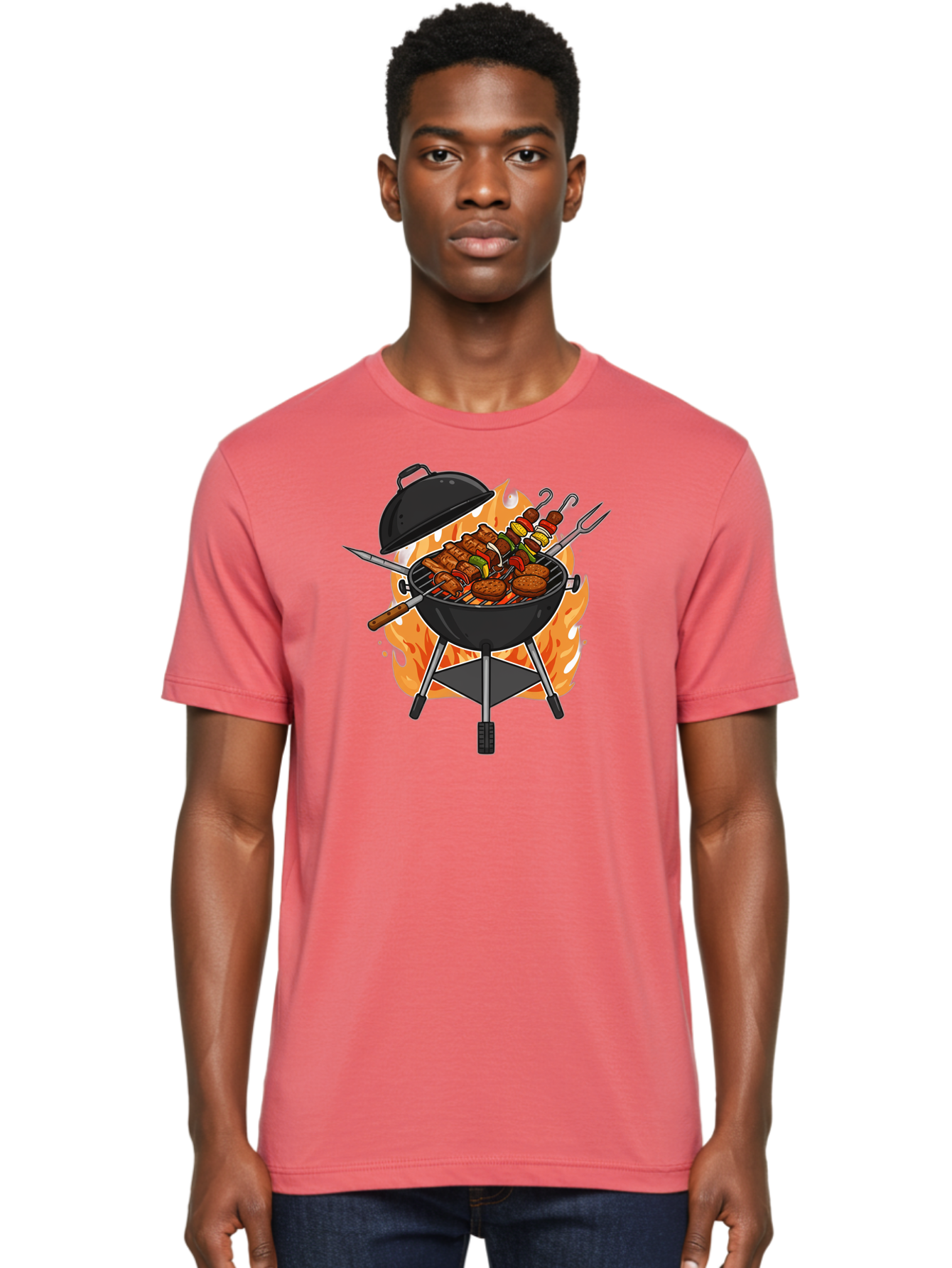 Barbecue-Grill-3 Men'S Graphic Tee, 100% Cotton, Comfortable Casual Summer Wear, Machine Washable, Barbecue Grill, Grilled Food, Skewers, Burgers, Sausages, Outdoor Cooking, Barbecue Party, Summer Fun, Delicious Food, Fire, Culinary Delights Bab657 29