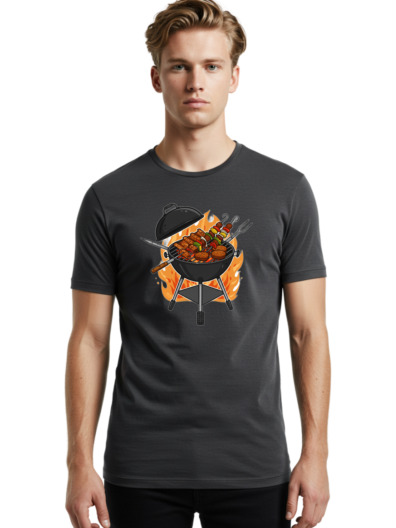 Barbecue-Grill-3 Men'S Graphic Tee, 100% Cotton, Comfortable Casual Summer Wear, Machine Washable, Barbecue Grill, Grilled Food, Skewers, Burgers, Sausages, Outdoor Cooking, Barbecue Party, Summer Fun, Delicious Food, Fire, Culinary Delights Bab657 27