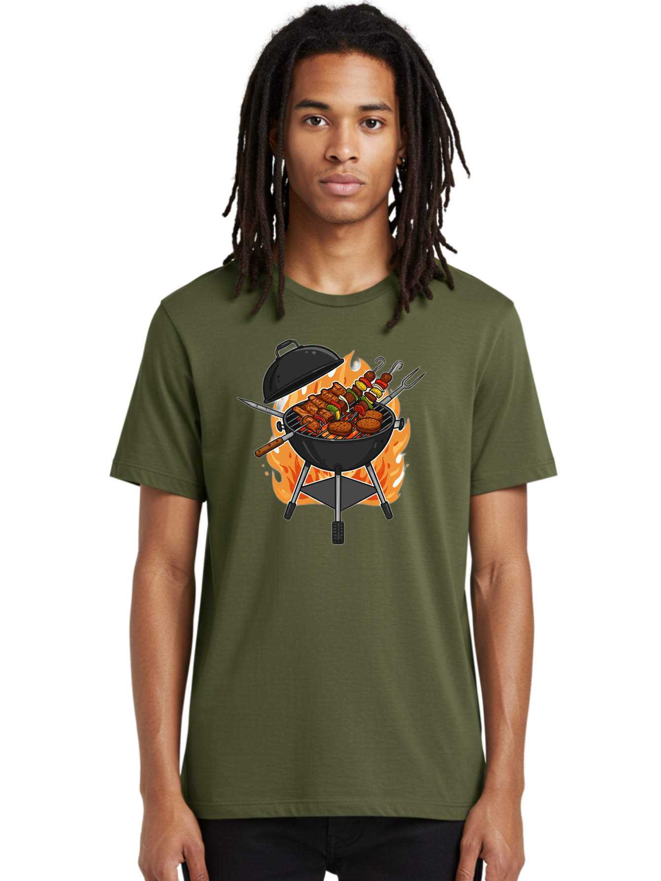 Barbecue-Grill-3 Men'S Graphic Tee, 100% Cotton, Comfortable Casual Summer Wear, Machine Washable, Barbecue Grill, Grilled Food, Skewers, Burgers, Sausages, Outdoor Cooking, Barbecue Party, Summer Fun, Delicious Food, Fire, Culinary Delights Bab657 28