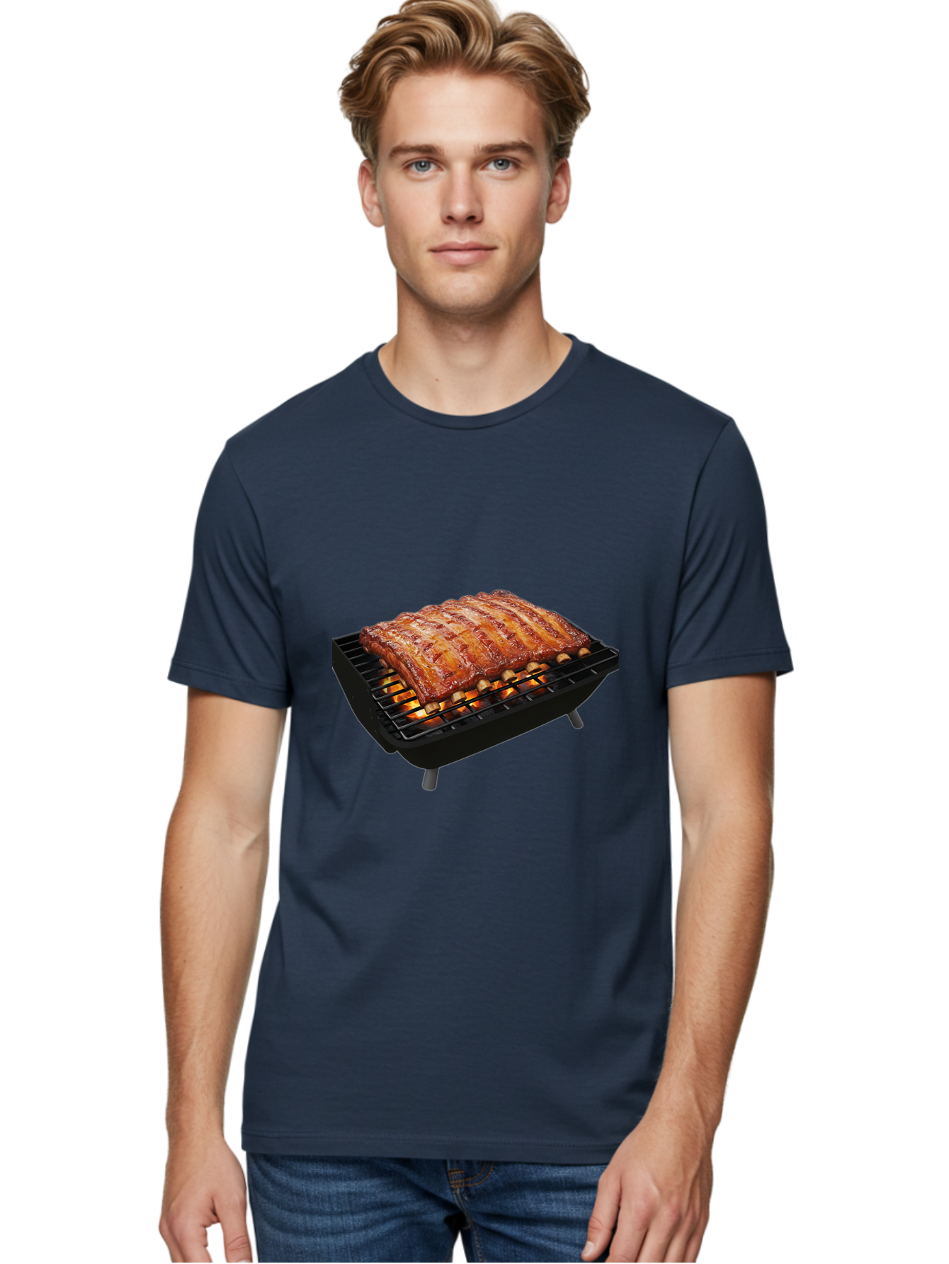 Barbecue-Ribs Men'S Graphic Tee, 100% Cotton, Comfortable Casual Summer Wear, Machine Washable, Barbecue Ribs, Grilled Meat, Barbecue Sauce, Outdoor Cooking, Flame Grilled, Gourmet Food, Delicious Ribs, Tender Meat Bab663 19