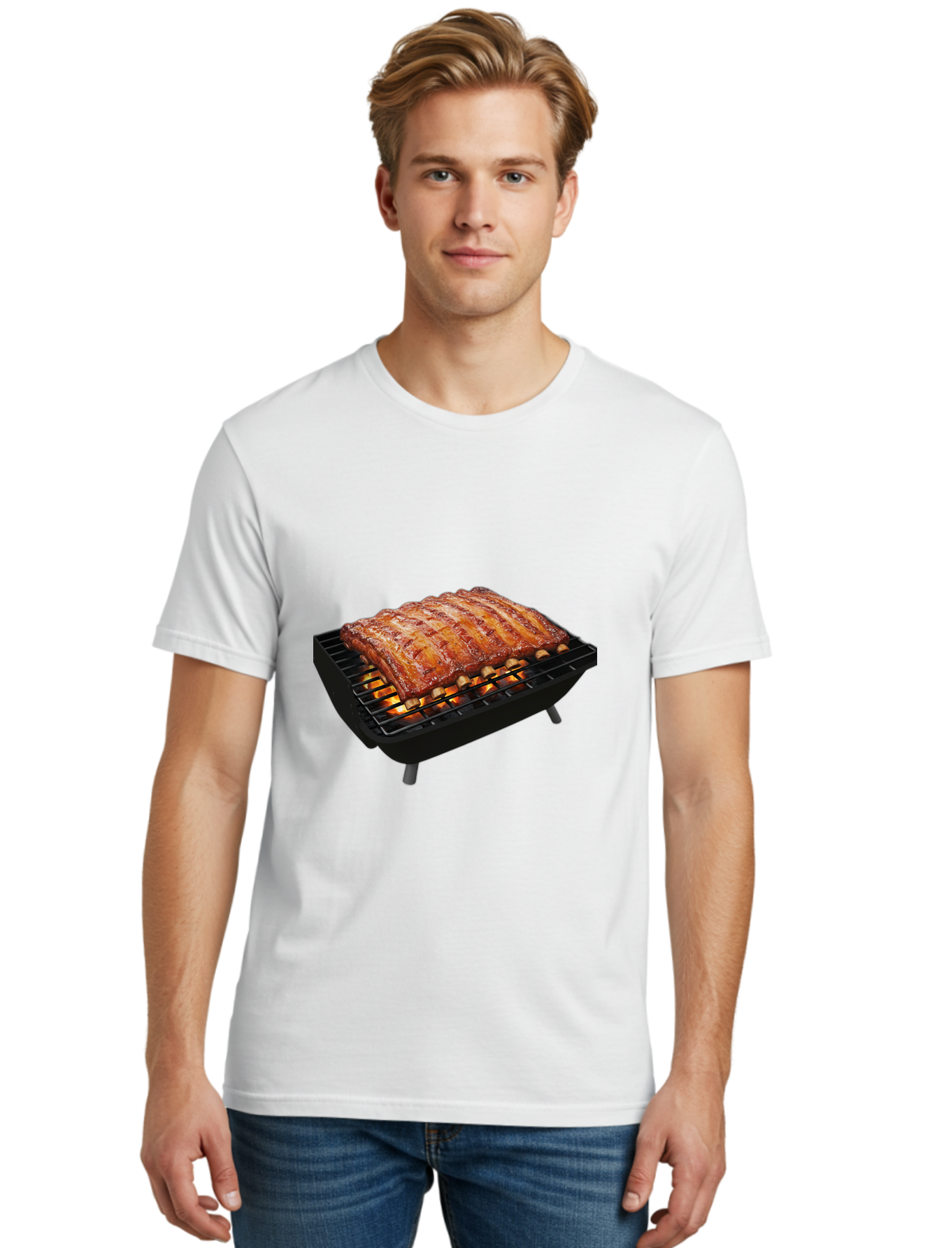 Barbecue-Ribs Men'S Graphic Tee, 100% Cotton, Comfortable Casual Summer Wear, Machine Washable, Barbecue Ribs, Grilled Meat, Barbecue Sauce, Outdoor Cooking, Flame Grilled, Gourmet Food, Delicious Ribs, Tender Meat Bab663 25