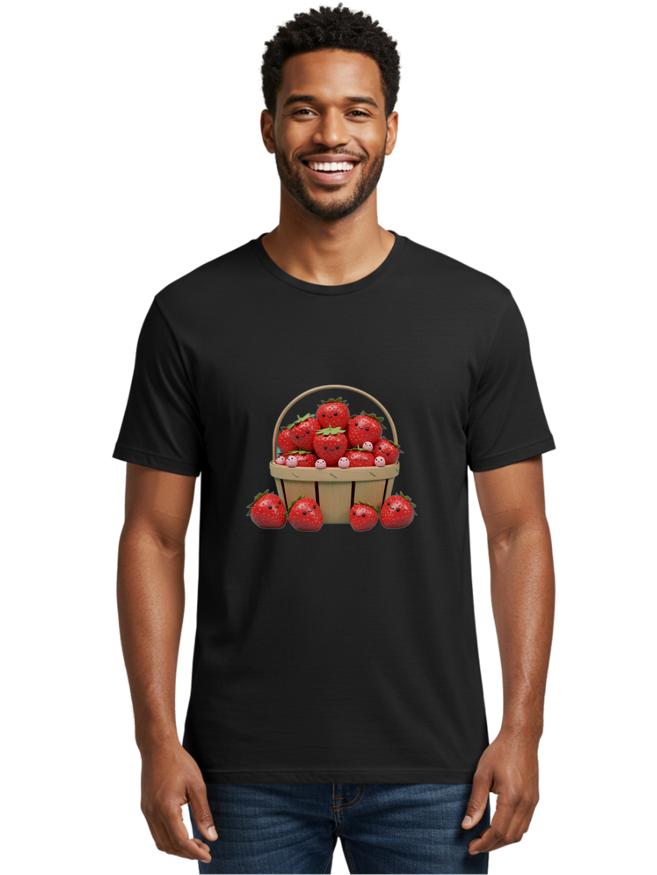 Basket-Of-Strawberries Men'S Graphic Tee, 100% Cotton, Comfortable Casual Summer Wear, Machine Washable, Strawberries With Smiley Faces, Basket Full Of Strawberries, Cartoon Strawberries, Adorable Fruit, Smiling Strawberries, Healthy Snack, Bab664 28