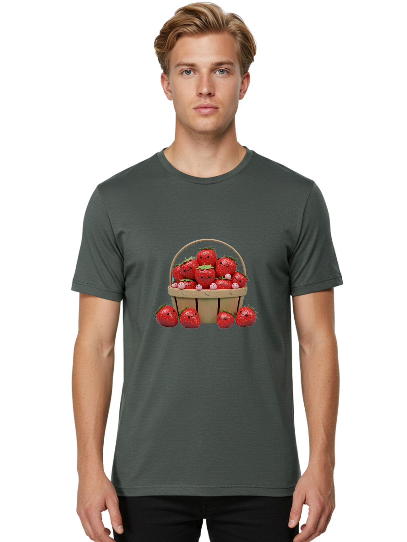 Basket-Of-Strawberries Men'S Graphic Tee, 100% Cotton, Comfortable Casual Summer Wear, Machine Washable, Strawberries With Smiley Faces, Basket Full Of Strawberries, Cartoon Strawberries, Adorable Fruit, Smiling Strawberries, Healthy Snack, Bab664 16