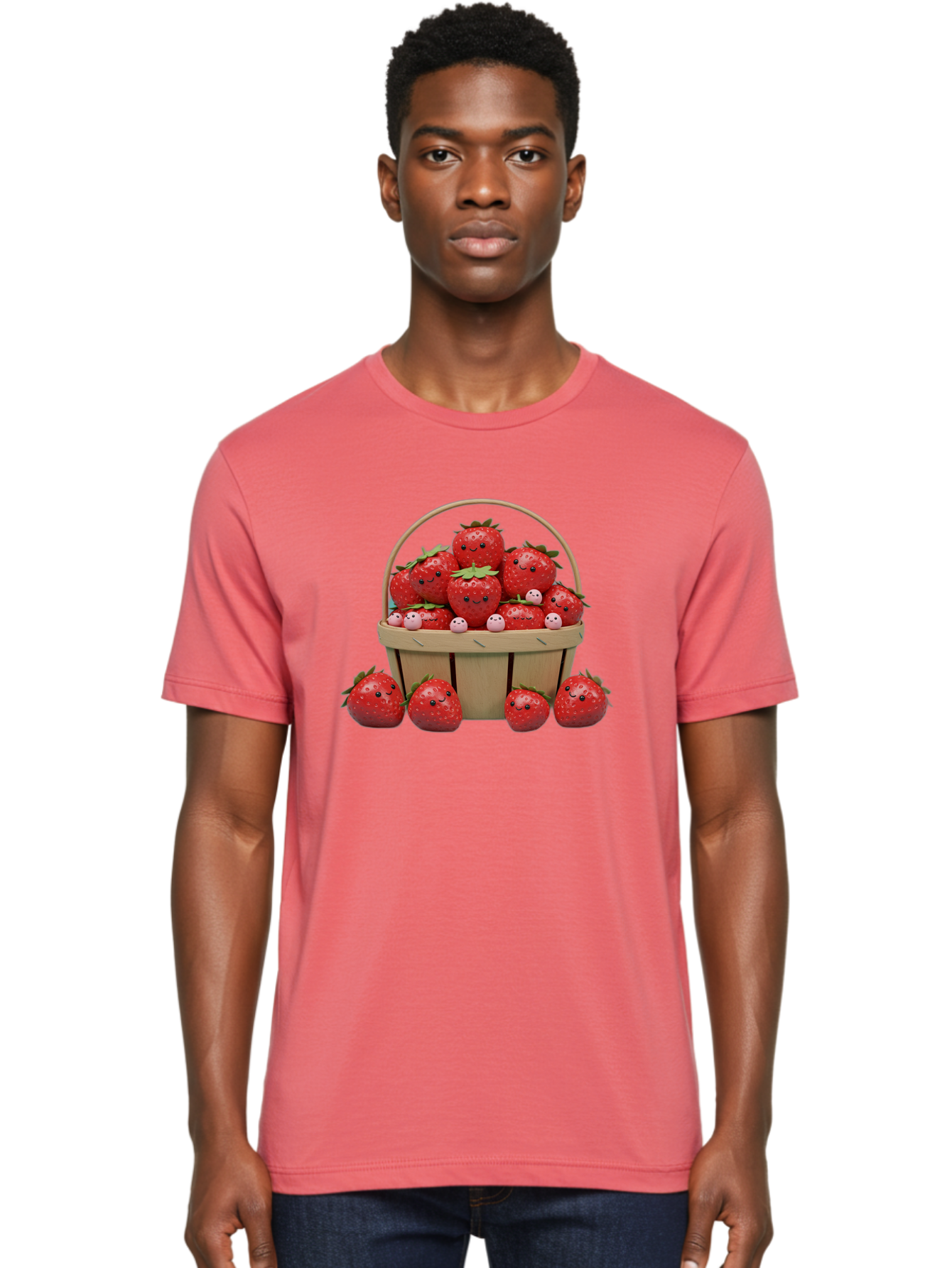 Basket-Of-Strawberries Men'S Graphic Tee, 100% Cotton, Comfortable Casual Summer Wear, Machine Washable, Strawberries With Smiley Faces, Basket Full Of Strawberries, Cartoon Strawberries, Adorable Fruit, Smiling Strawberries, Healthy Snack, Bab664 25