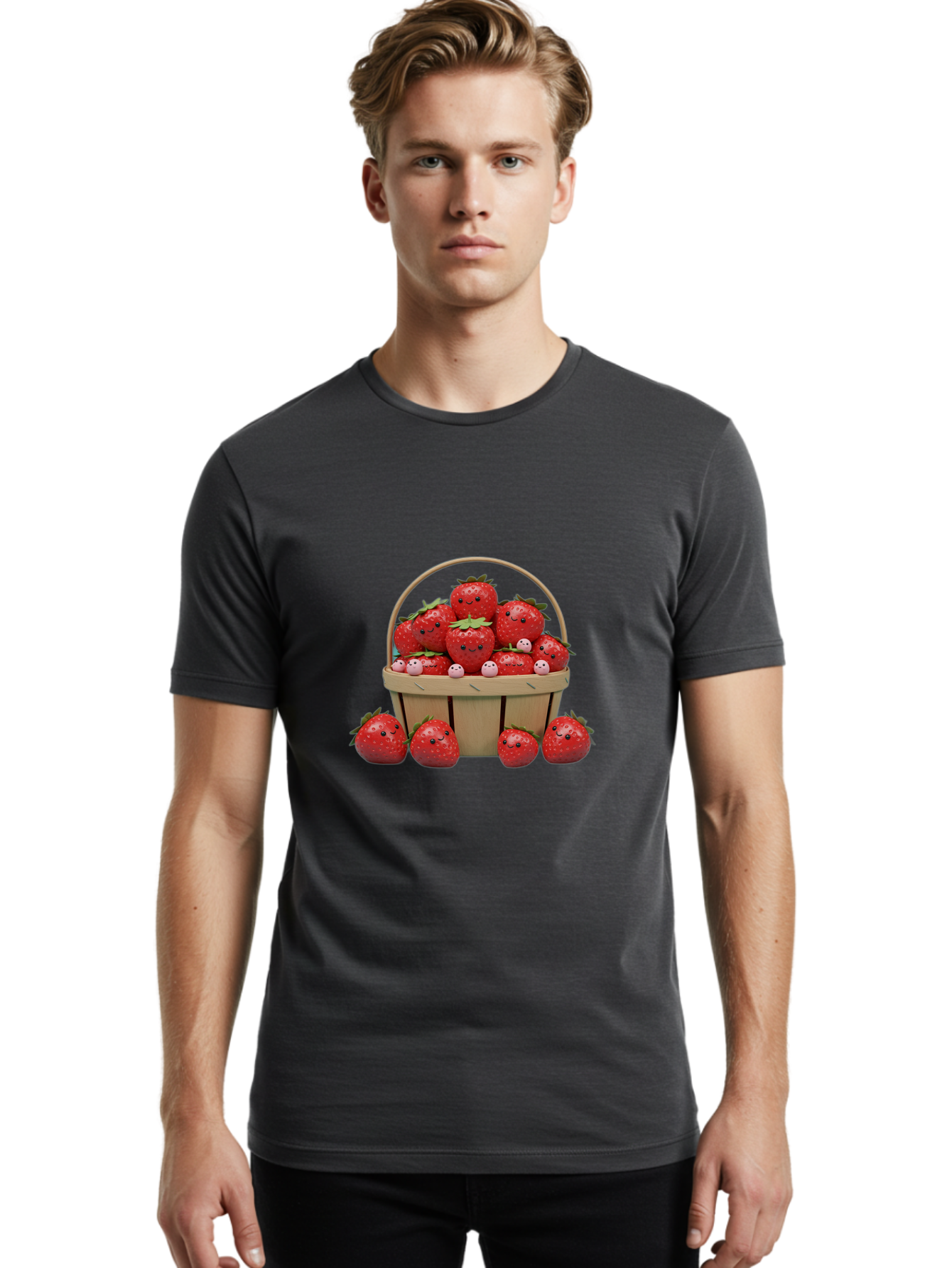 Basket-Of-Strawberries Men'S Graphic Tee, 100% Cotton, Comfortable Casual Summer Wear, Machine Washable, Strawberries With Smiley Faces, Basket Full Of Strawberries, Cartoon Strawberries, Adorable Fruit, Smiling Strawberries, Healthy Snack, Bab664 27