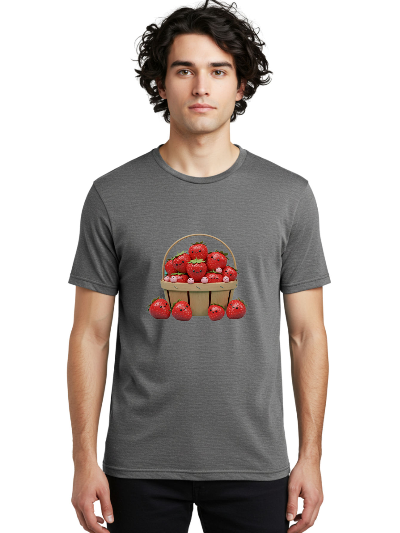 Basket-Of-Strawberries Men'S Graphic Tee, 100% Cotton, Comfortable Casual Summer Wear, Machine Washable, Strawberries With Smiley Faces, Basket Full Of Strawberries, Cartoon Strawberries, Adorable Fruit, Smiling Strawberries, Healthy Snack, Bab664 17