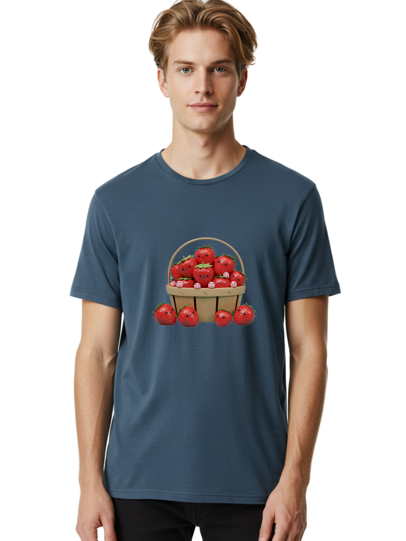 Basket-Of-Strawberries Men'S Graphic Tee, 100% Cotton, Comfortable Casual Summer Wear, Machine Washable, Strawberries With Smiley Faces, Basket Full Of Strawberries, Cartoon Strawberries, Adorable Fruit, Smiling Strawberries, Healthy Snack, Bab664 23