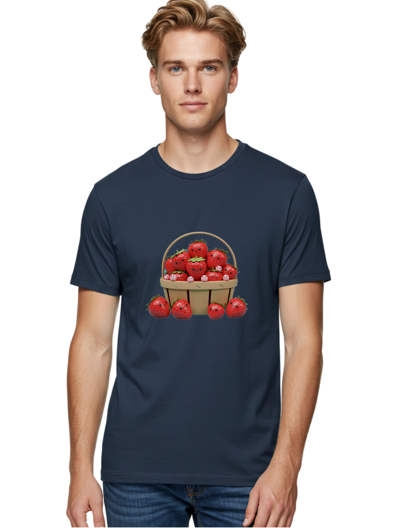 Basket-Of-Strawberries Men'S Graphic Tee, 100% Cotton, Comfortable Casual Summer Wear, Machine Washable, Strawberries With Smiley Faces, Basket Full Of Strawberries, Cartoon Strawberries, Adorable Fruit, Smiling Strawberries, Healthy Snack, Bab664 29