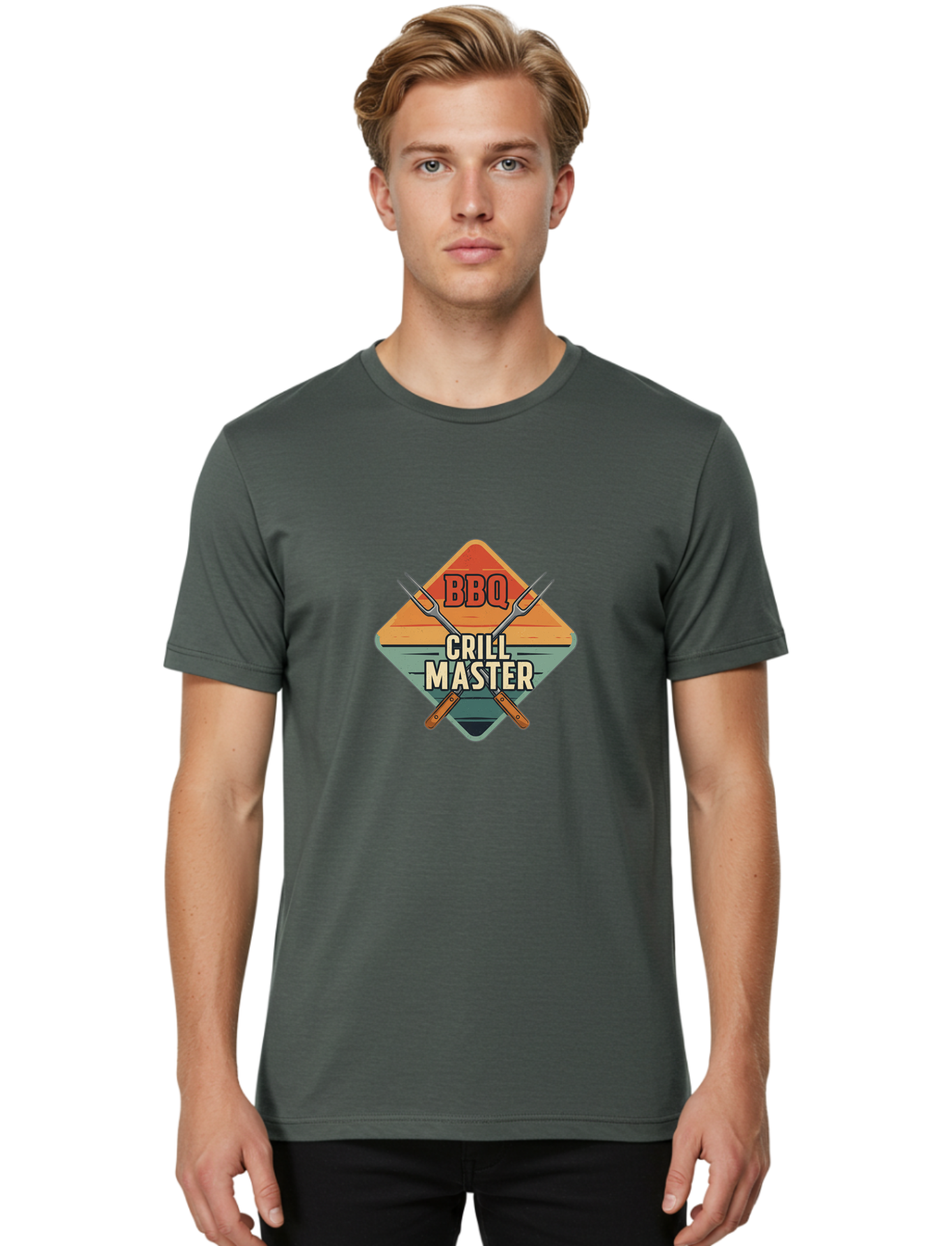 Bbq-Crill-Master Men'S Graphic Tee, 100% Cotton, Comfortable Casual Summer Wear, Machine Washable, Bbq Logo, Grill Master Symbol, Barbecue Emblem, Outdoor Cooking, Grill Utensils, Skewers, Cooking Tools, Wooden Handles, Diamond Shape Design Bab665 29