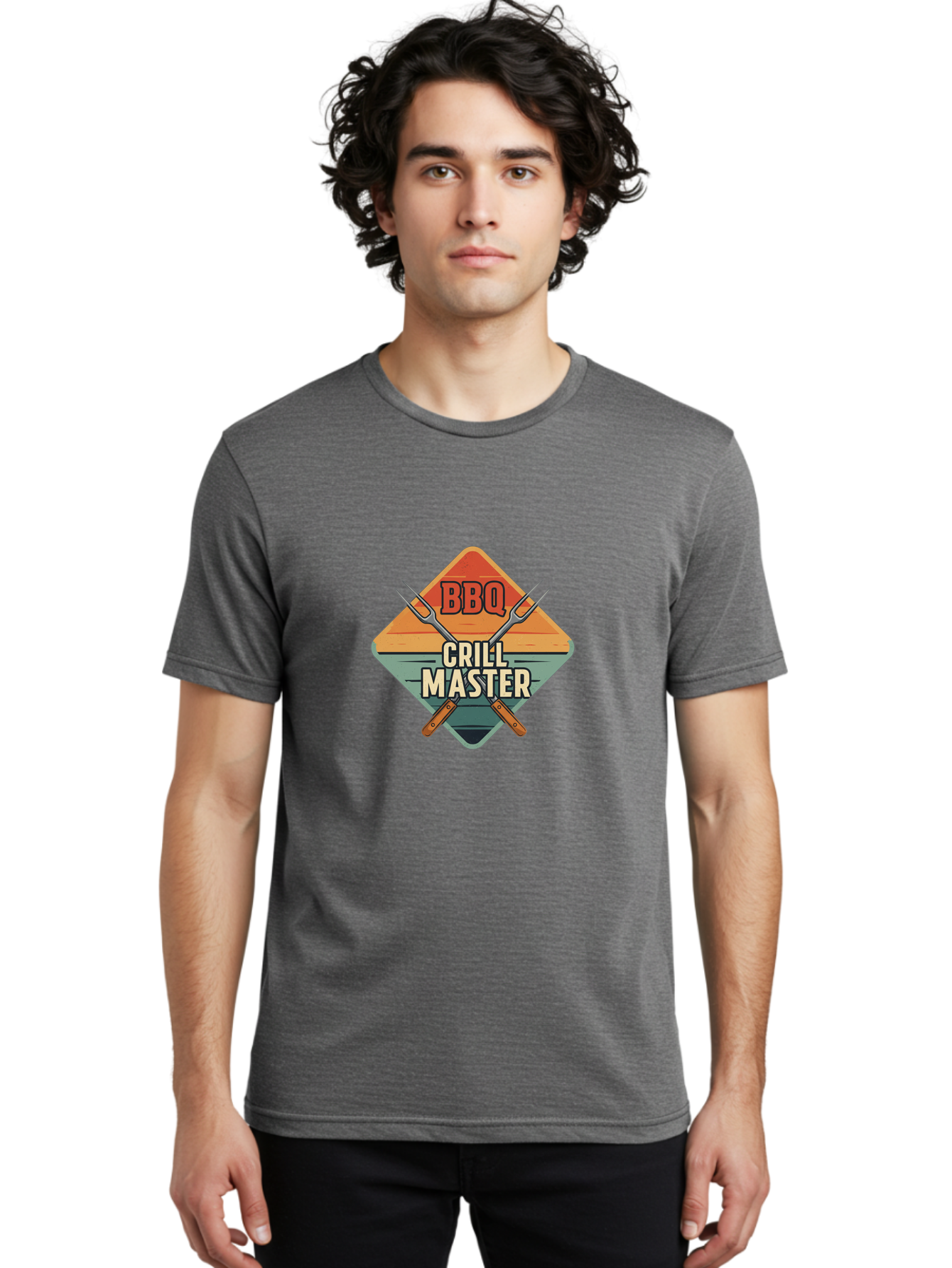 Bbq-Crill-Master Men'S Graphic Tee, 100% Cotton, Comfortable Casual Summer Wear, Machine Washable, Bbq Logo, Grill Master Symbol, Barbecue Emblem, Outdoor Cooking, Grill Utensils, Skewers, Cooking Tools, Wooden Handles, Diamond Shape Design Bab665 27