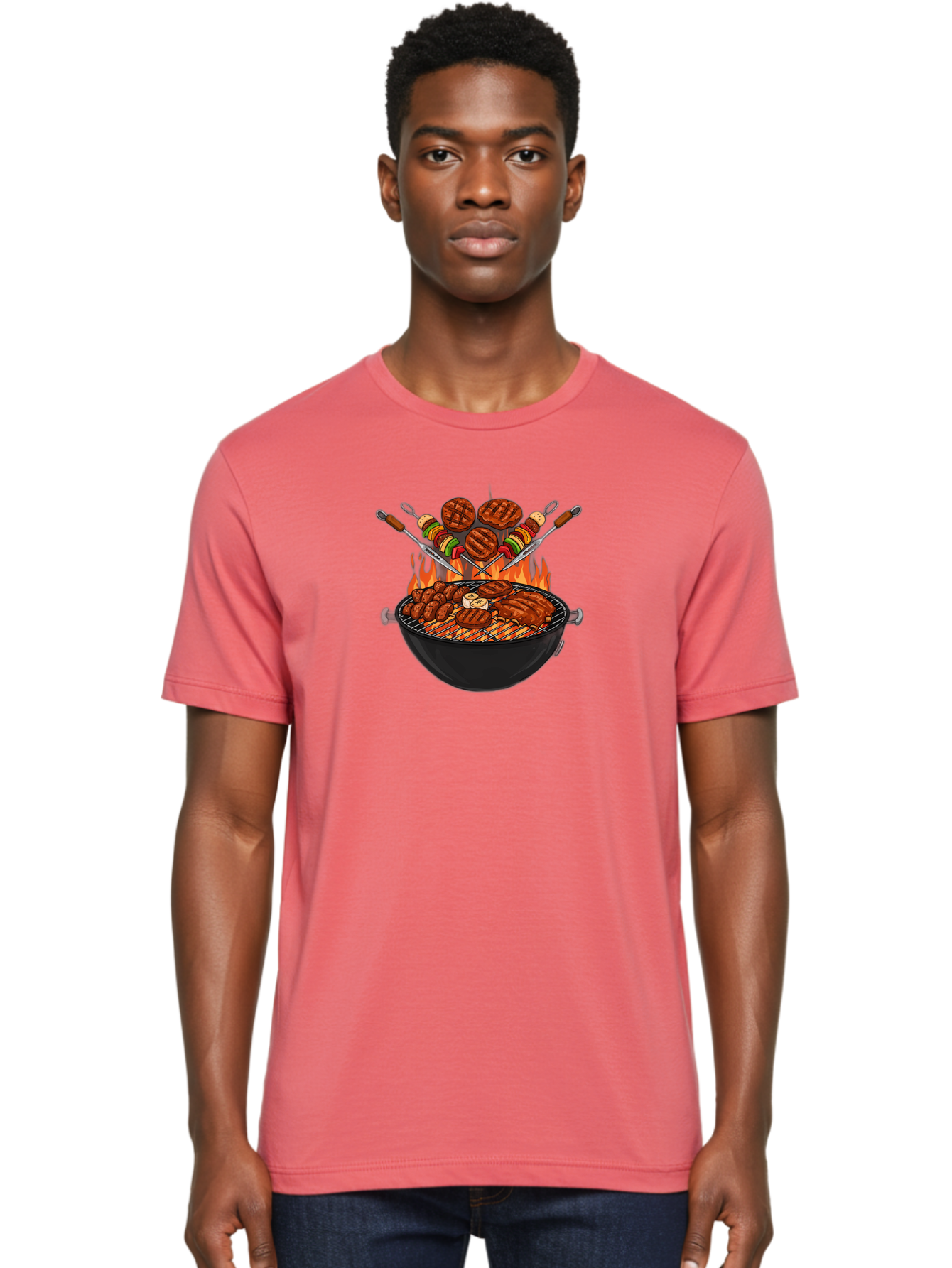 Bbq-Grill-1 Men'S Graphic Tee, 100% Cotton, Comfortable Casual Summer Wear, Machine Washable, Grilled Burgers, Skewers Of Meat And Vegetables, Barbecue Grill, Outdoor Cooking, Grilled Food, Summer Bbq Bab666 23