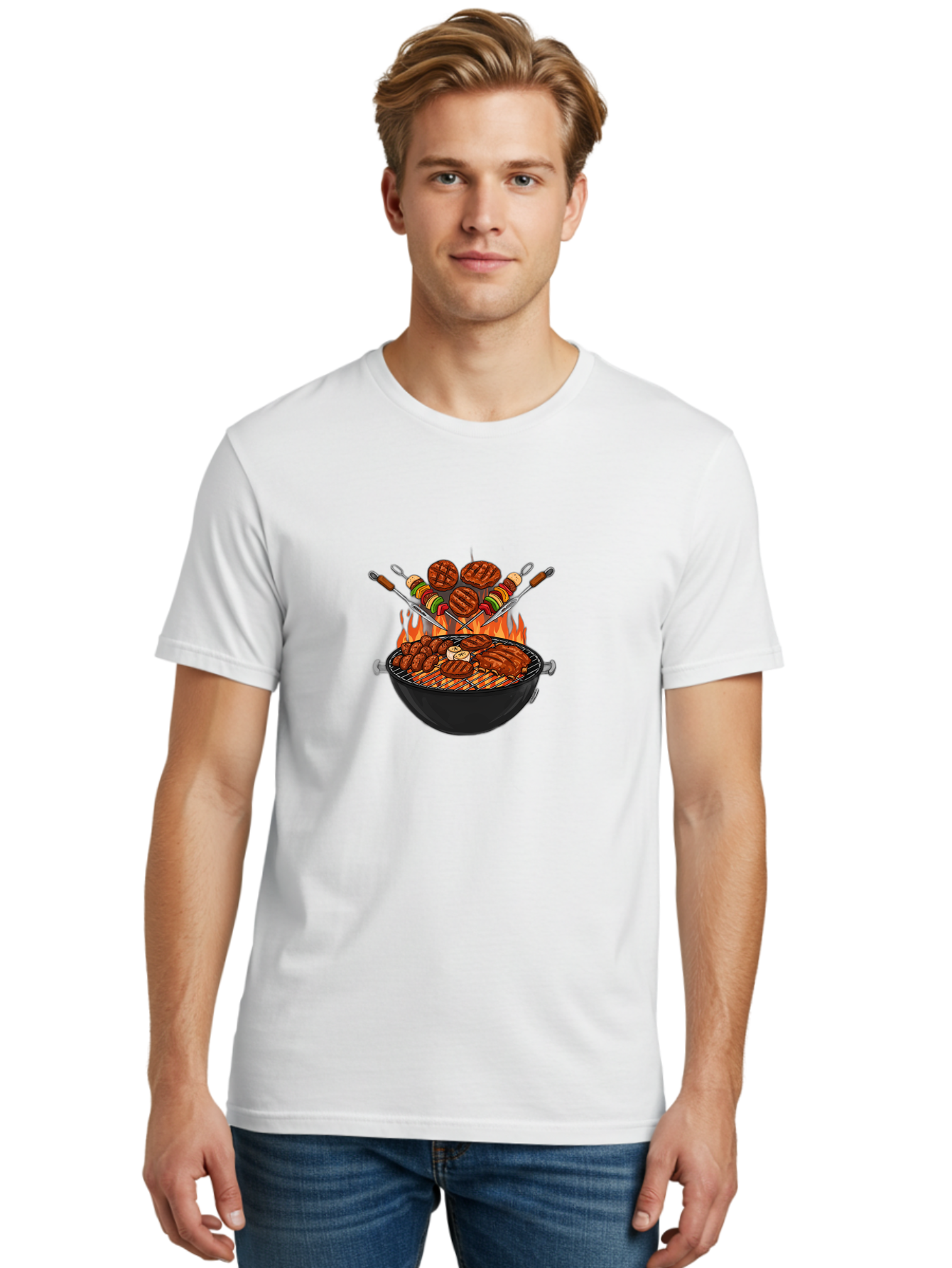 Bbq-Grill-1 Men'S Graphic Tee, 100% Cotton, Comfortable Casual Summer Wear, Machine Washable, Grilled Burgers, Skewers Of Meat And Vegetables, Barbecue Grill, Outdoor Cooking, Grilled Food, Summer Bbq Bab666 28