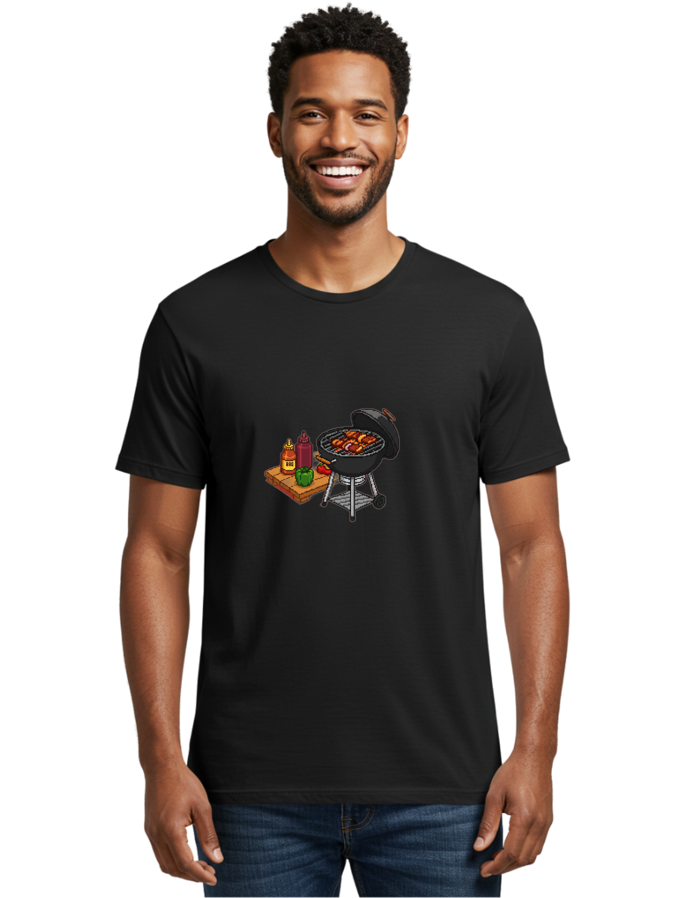 Bbq-Grill-2 Men'S Graphic Tee, 100% Cotton, Comfortable Casual Summer Wear, Machine Washable, Bbq Grill With Sausages, Outdoor Cooking, Grilling, Barbecue Sauce, Condiments, Bell Pepper, Chili Pepper, Grilling Essentials, Barbecue, Bab667 26