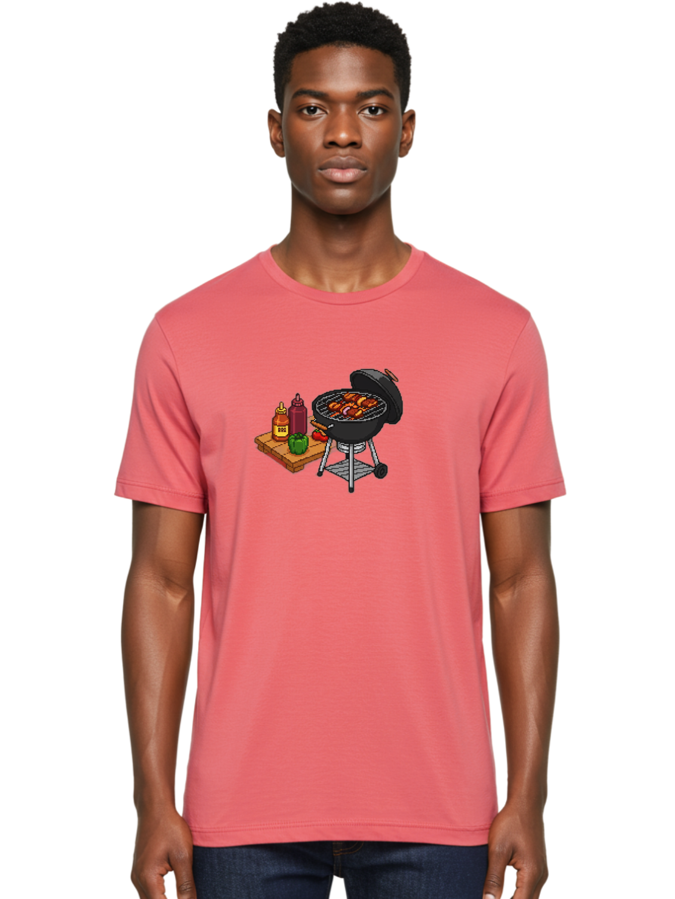 Bbq-Grill-2 Men'S Graphic Tee, 100% Cotton, Comfortable Casual Summer Wear, Machine Washable, Bbq Grill With Sausages, Outdoor Cooking, Grilling, Barbecue Sauce, Condiments, Bell Pepper, Chili Pepper, Grilling Essentials, Barbecue, Bab667 27